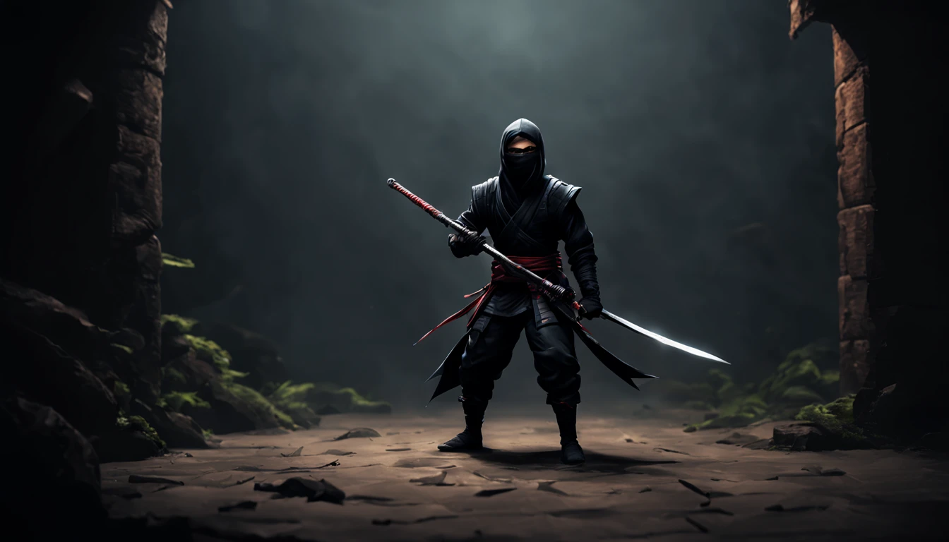 A ninja in biomeca style relay detailled and textured, in dreaming dark world, with katana and shuriken