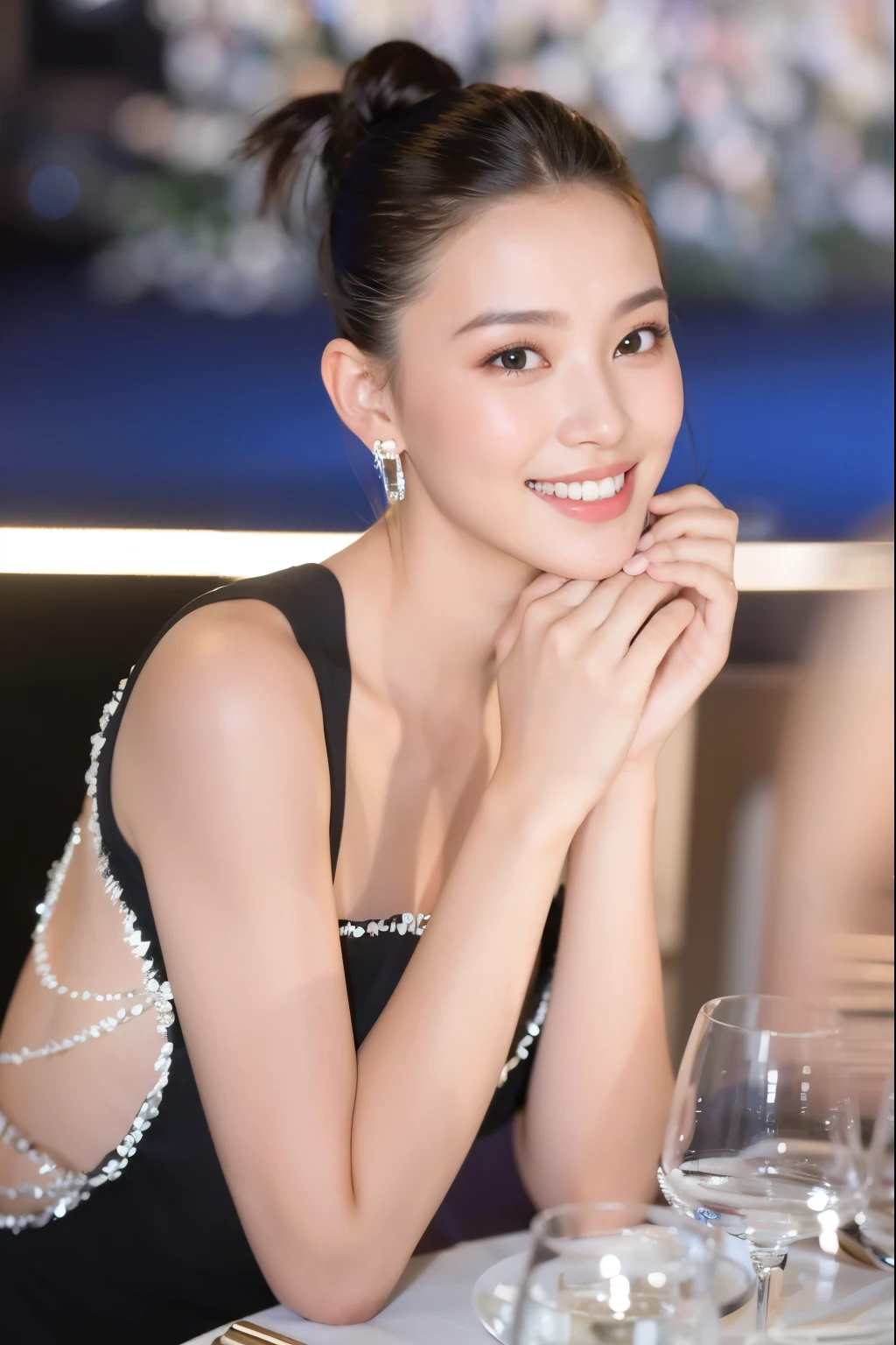 masterpiece, Best Quality, 8K, 22 yo, Raw photo, smile, Solo, cute, Idol face, Delicate girl, neat and clean beauty, Upper body, Digital SLR, Looking away, Candid, Sophisticated, Thin arms, Professional Lighting, Film grain, (Eyes and faces with detailed:1.0), sway in the wind Medium length straight hair, (Bokeh:1.1)