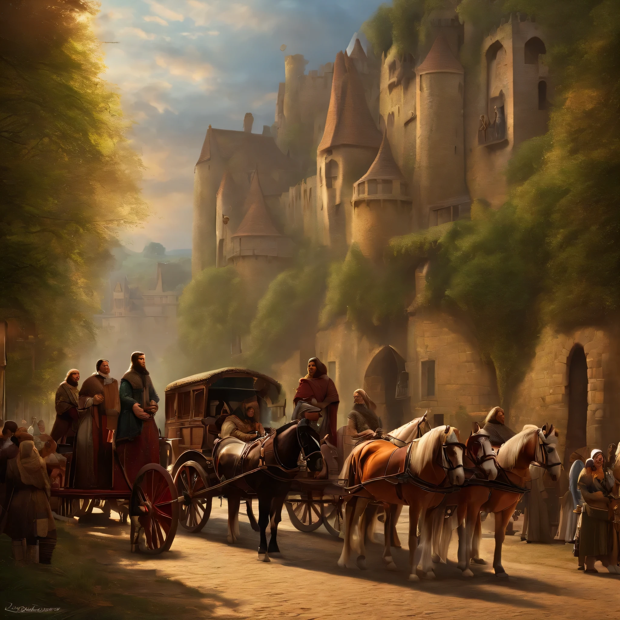 medieval world, people waiting to get on the bus々