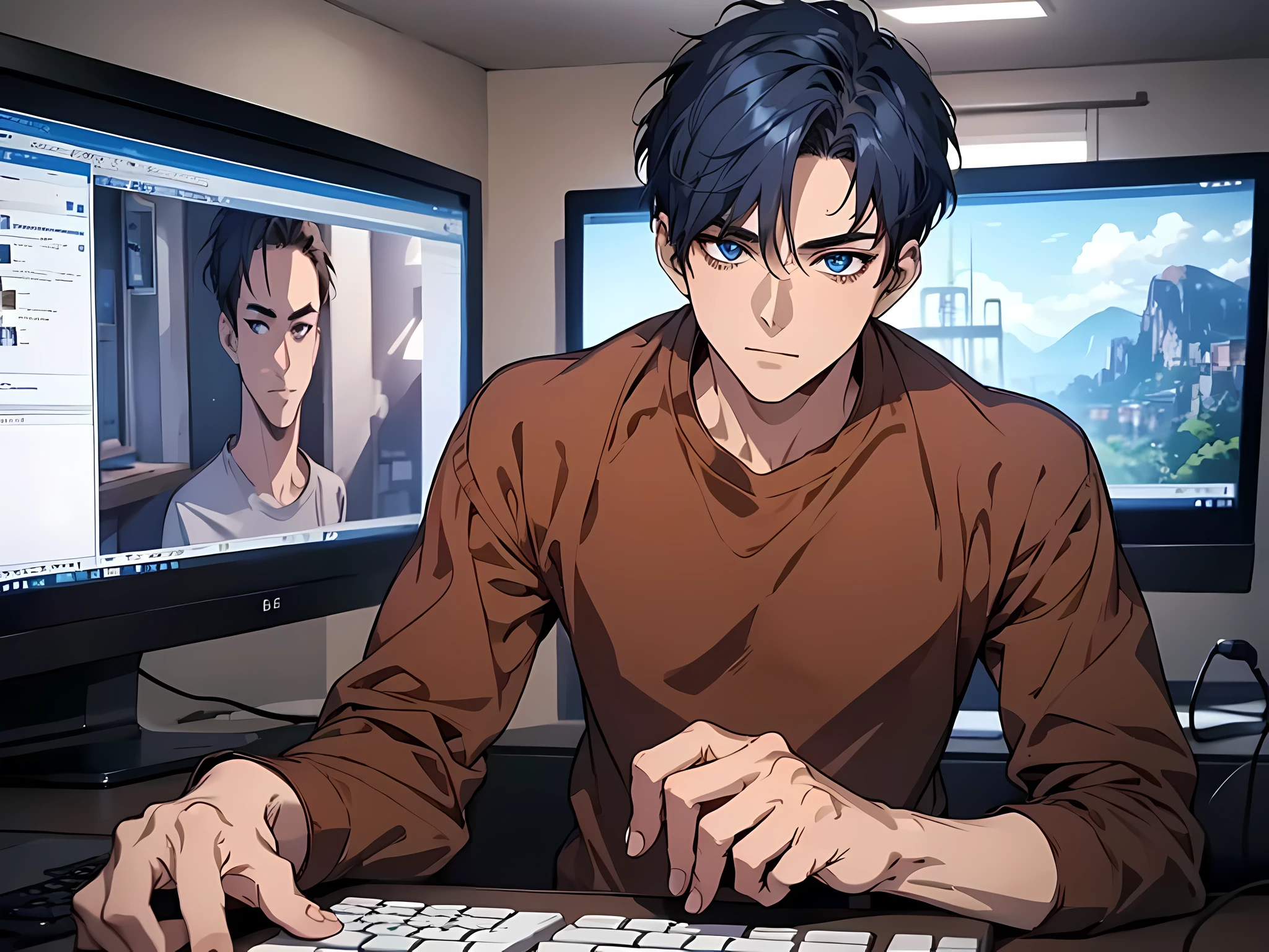 1 man, wearing brown tshirt, blue navy hair, short hair, playing game in front of his computer, face to detail, detailed eyes, the background is bedroom, pefect hands, full-body illustration