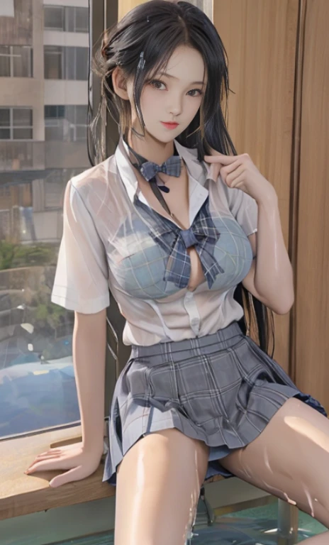 nsfw,(1 girl:1.3),realistic写真,realistic:1.4 Official art,super detailed,beautiful and beautiful,big breasts beautiful,master piece,best quality person,sitting,spread your legs,camel toe,(big breastsの谷間を露出),open your fingers,Wet sheer feeling,Japanese, high School girl, (long hair:1.5), blown hair, (half up, half updo), bangs, hair between eyes, big breasts:0.8, beautiful hair, beautiful face, beautiful and fine eyes, beautiful clavicle, beautiful body, beautiful breasts, beautiful thighs, beautiful feet, beautiful fingers, (beautiful scenery), , School, ((wet shirt,Short sleeve shirt with collar, white shirt, School uniform, Grey plaid pleated skirt, Blue plaid bow tie)), Black Sexy Panties,nipples are visible,private parts are visible