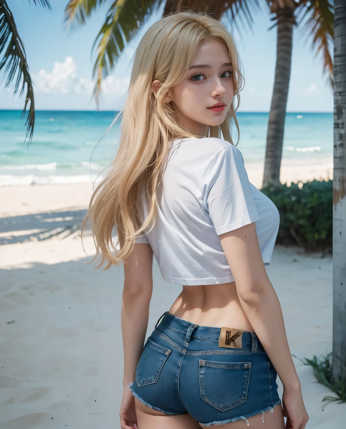 1girl, Blue eyes, (smile), mini denim shorts, (Sana Minatozaki), wide hips, Big , big ass, (Best Quality, 8k, Masterpiece: 1.3), perfect hands, Clear Focus: 1.2, Perfect Body Beauty: 1.4, strong abs :1.2, Highly detailed face and skin texture, detailed eyes, double eyelids, red lips, (blonde long hair :1.2), (white cleavage t-shirt), standing showing ass, view from back, on the streets of miami beach, beach in the background