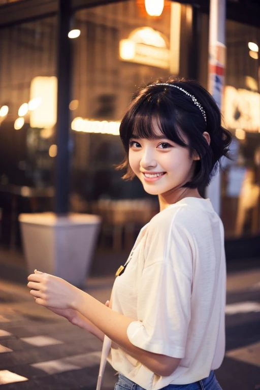 1 girl、dark brown skin、Shows the body down to the feet、A night where many fireflies fly around、Taking my hand and looking back、A happy smile、Real like a photo、black hair short cut、white camisole、Pretty short denim hot pants、A super beautiful girl with cat eyes、18-year-old