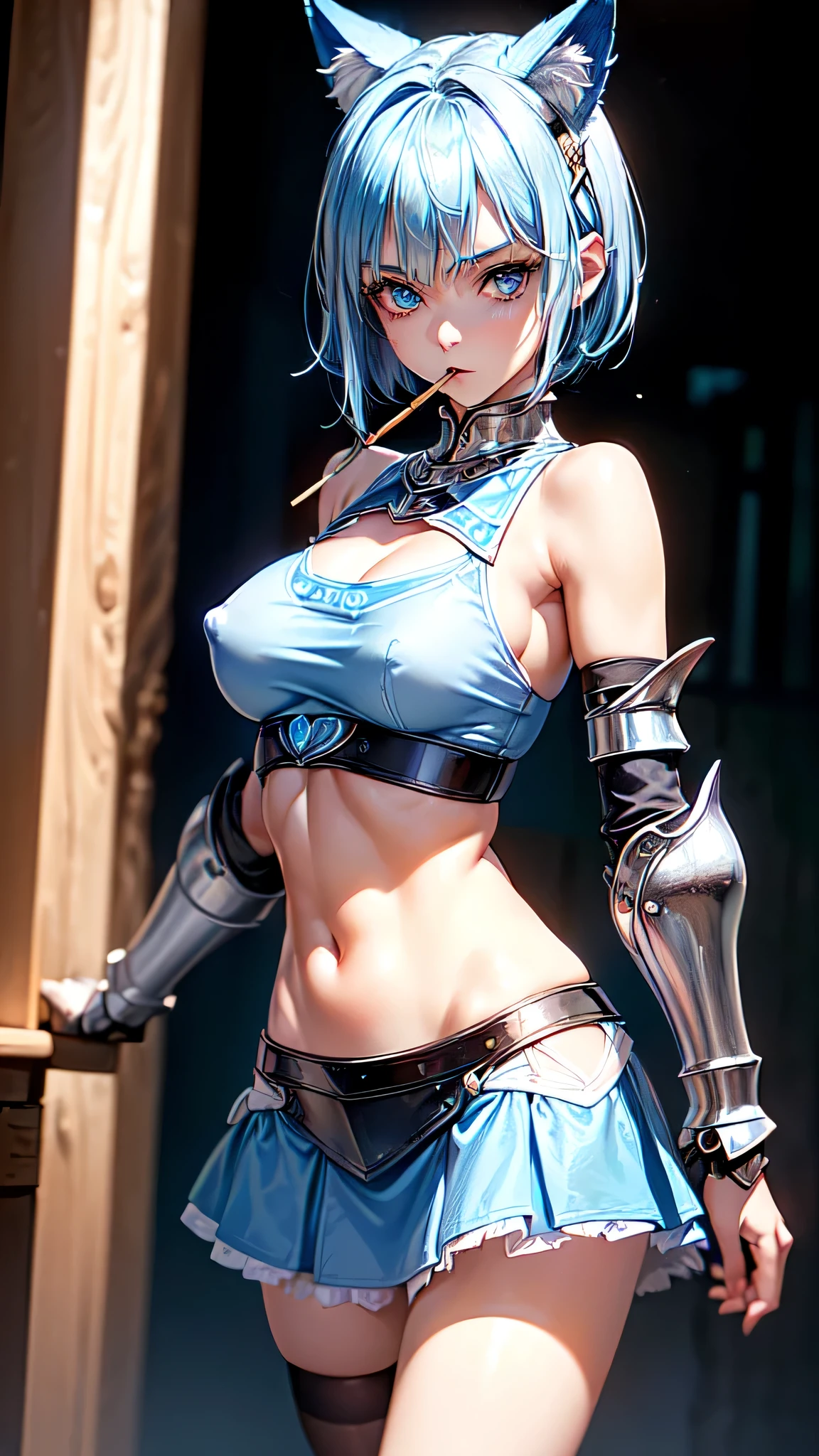 (intrincate details: "(a character in an realistic human style, woman has big blue eyes and blue hair, solo 1girl 18 years old, blue hair, cute, symmetrical face, covered nipples, firm breasts, ((slim build)), young woman, beak of pocky cat ears, white very short and slim crop top, (black short), looking at viewer, very short cowboy mini skirt, medium breasts, blue eyes, short hair, armor, very sexy, random angle view)