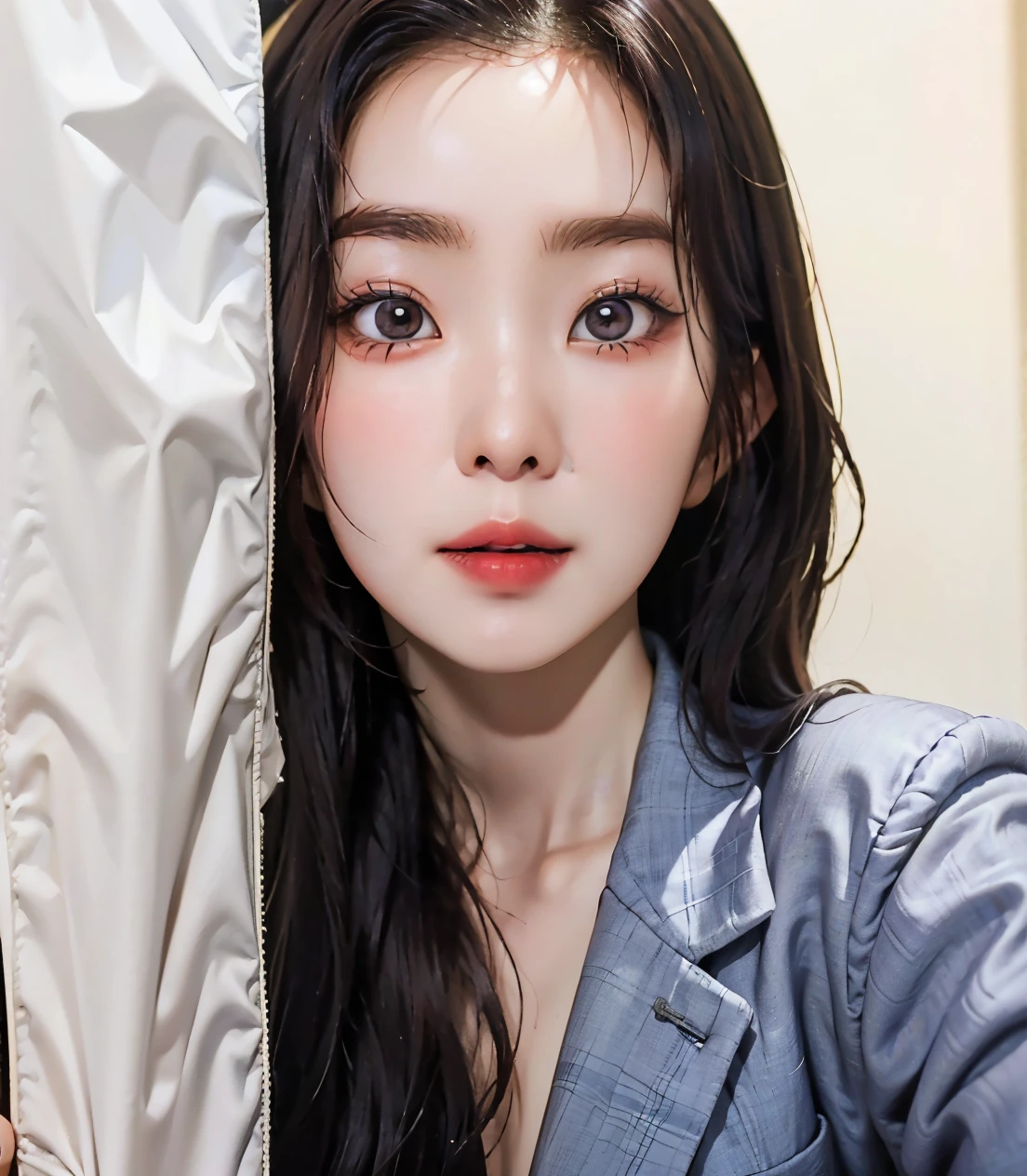 Close-up of a woman with long hair in a suit, Dilireba, cute korean face, small lips pointy nose, Young cute asian face, xintong chen, korean girl, 19 year old girl, she has a cute face, Xision Wu, beautiful korean woman, 8K selfie photo, fan bingbing