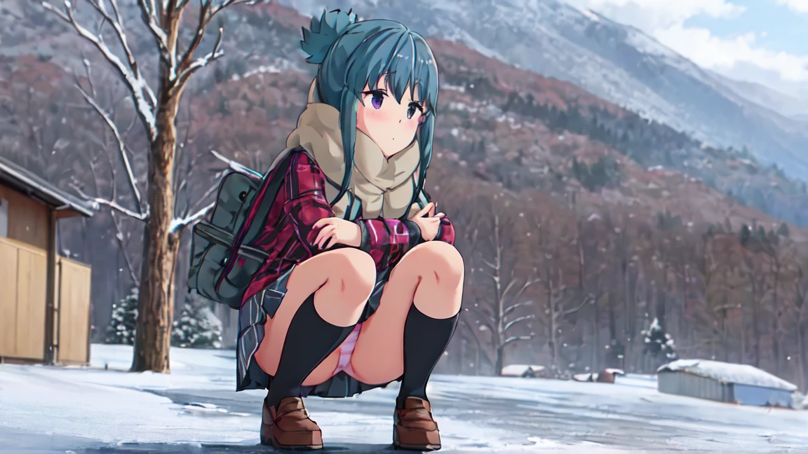 highest quality, masterpiece, High resolution, alone, {Shima_Also_yuru camp:1.15},( green_hair), purple_eye, closed_mouth, single_hair_good, hair_good, 1 girl, 前hair, blurry, blurry_background, (Motosu High School Girls Uniform Winter Clothes:1.3、Grey plaid skirt)、(lift up skirt、cute panties)、squat down、sit、Low - Angle