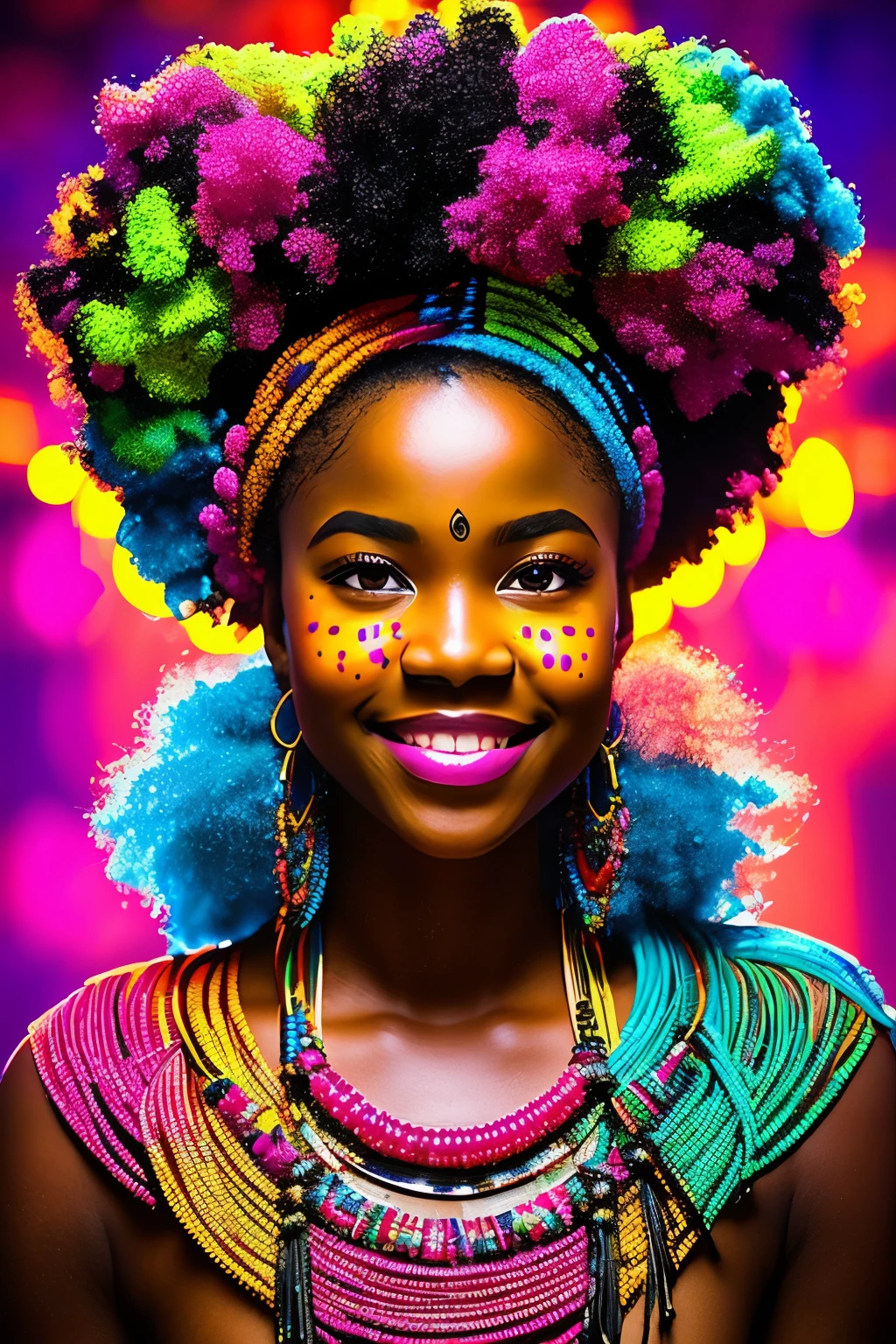 A captivating portrait of a black woman adorned in African designs, her face glistening with water and intricately painted marks in neon hues. Drenched in the vibrant colors of her African-inspired attire, she boasts an Afro hairstyle and surrounds herself with an abundance of handcrafted beads. The background bursts with energy, showcasing neon-lit green and pink exploding crystals, creating a dynamic and surreal environment. This highly-realistic depiction, with its very detailed features, is reminiscent of the cinematic artistry of Artgerm. Rendered in ultra HD with crisp 32k res