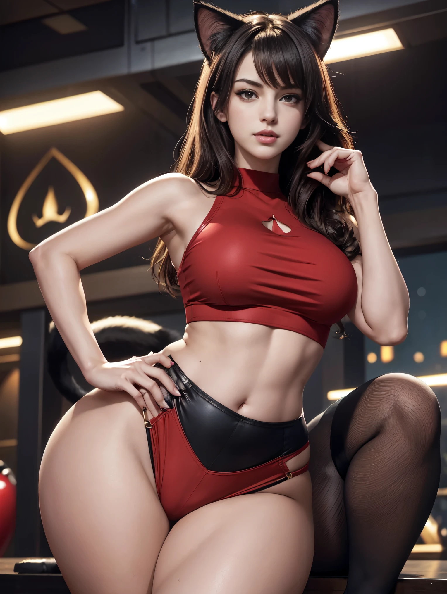 1girl((Anne Hathaway:Selena Gomez:0.7)) , milf, red  tight crop top, red panty, hyper ass, huge ass, huge thighs, thick thighs, thick legs, smug look, wink, looking at viewer, hand on hip, cat ears, cat tail