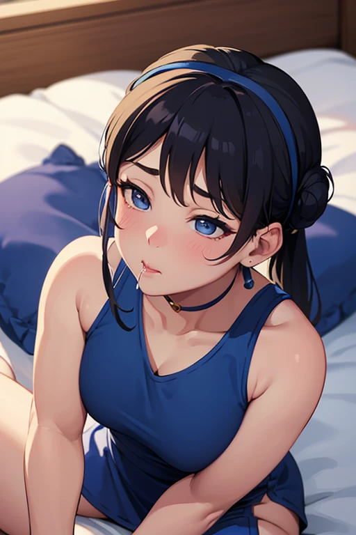 (chun li), kneeling on white queen bed wearing a blue denim apron, curve-hugging, makeup, dimples, blushing, (((blowjob))), beautiful, masterpiece, 4k, HD, cross-eyed, high detail, best quality, (((POV))), (NSFW)