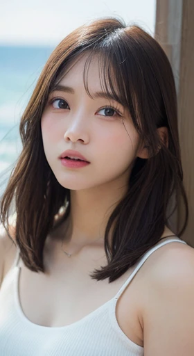 finely, High resolution, high quality、完璧なダイナミックな構figure, beautiful and fine eyes, medium hair, 、natural color lip,Kamimei、Shibuya Ward、20 year old girl、1 person、transparent skin、shining hair、Ocean, 最high quality, figure, super detailed, finely, High resolution, 8K、correct state of the human body、squat、hair flying in the wind、small breasts、camisole、Angle from above、upward glance、side、Embarrassed face