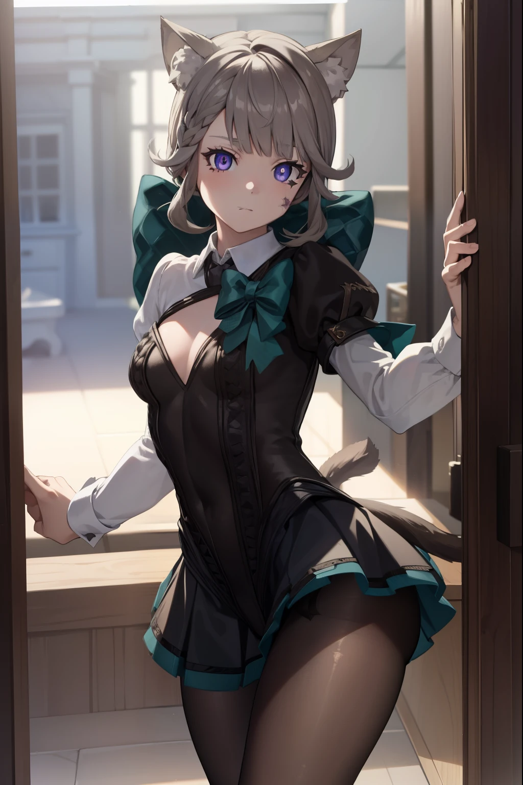 lynette, lynette, animal ear fluff, animal ears, cat ears, facial mark, hair bow, (purple eyes:1.1, brown hair, star, star on cheek,
BREAK bow, green bow, hat, leotard, long sleeves, miniskirt, hose, skirt, top hat,
BREAK looking at viewer,
BREAK indoors,
BREAK (masterpiece:1.2), best quality, high resolution, unity 8k wallpaper, (illustration:0.8), (beautiful detailed eyes:1.6), extremely detailed face, perfect lighting, extremely detailed CG, (perfect hands, perfect anatomy),