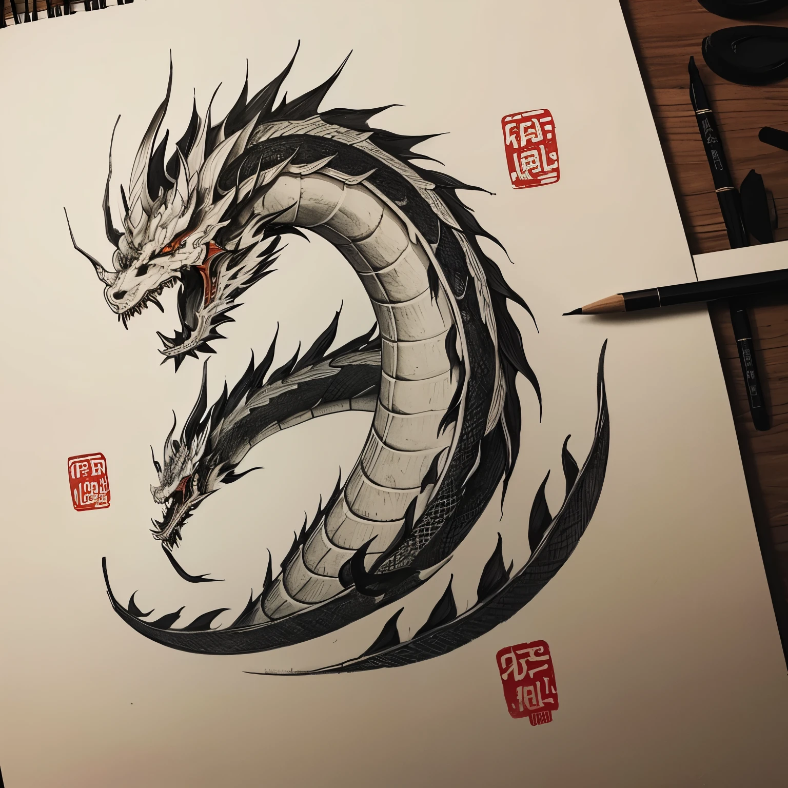 sketches of chinese dragon, draw with chinese brush, with chinese caligraphy.