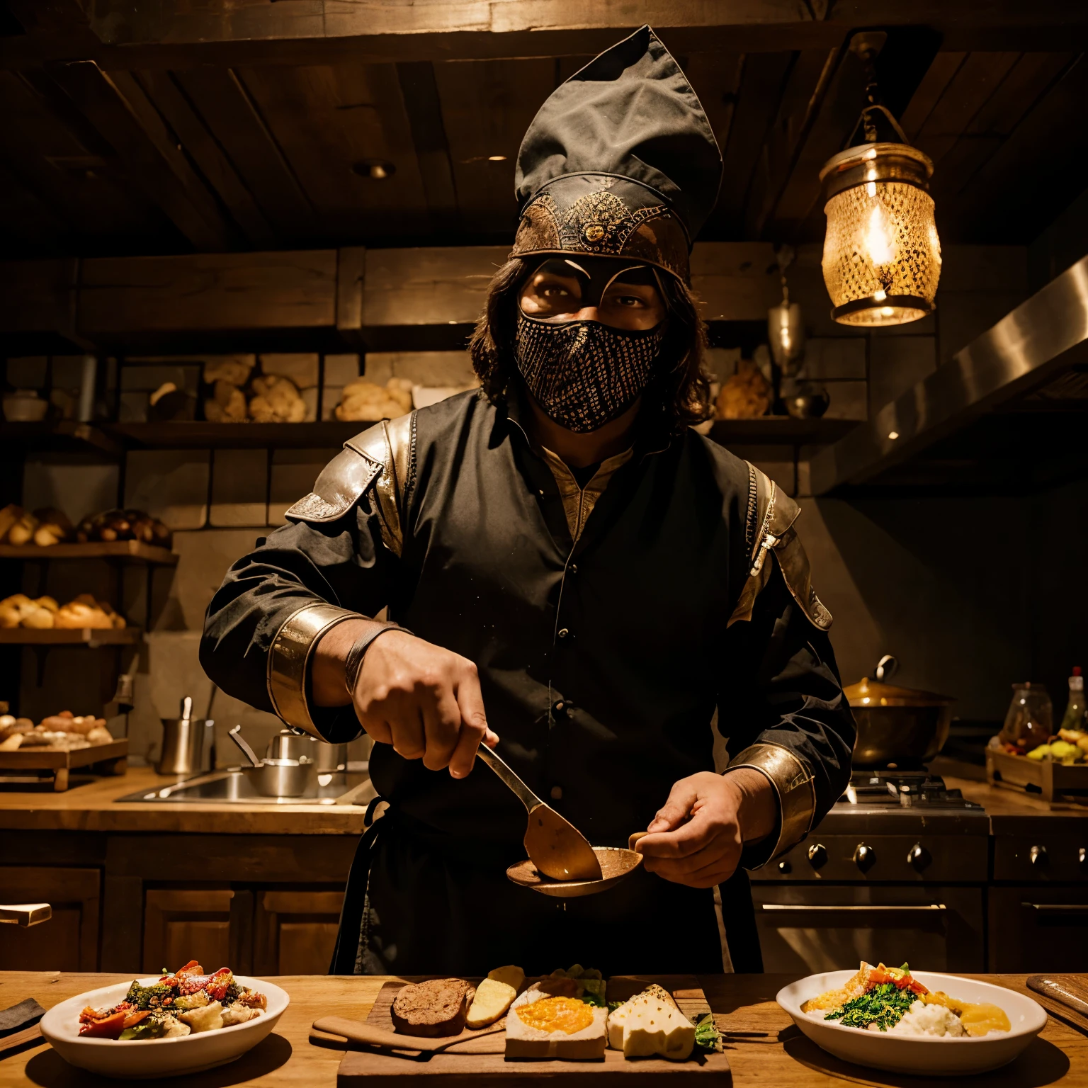 A mysterious masked chef in the medieval times shows his food to a traveler 