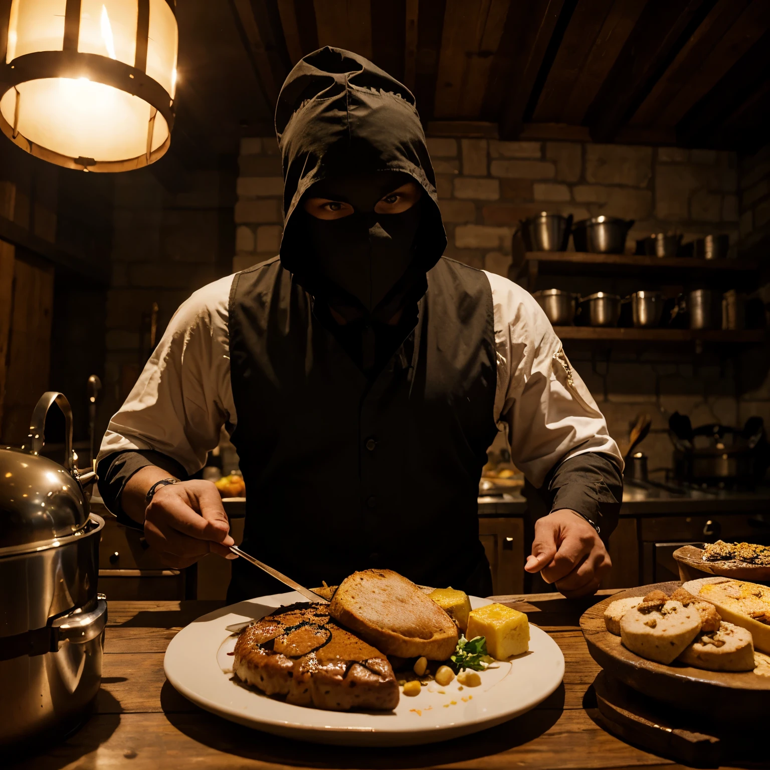 A mysterious masked chef in the medieval times shows his food to a traveler 