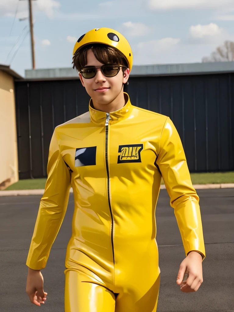 A cutie high school boy wears a yellow latex catsuit 