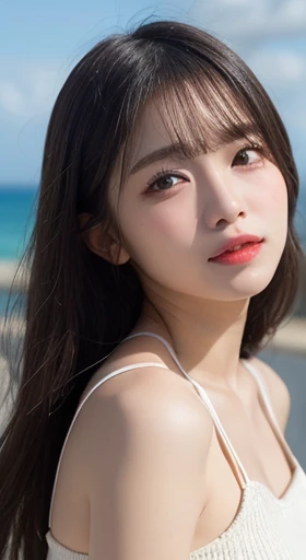 (8k, best quality, masterpiece:1.2), (actual, lifelike:1.37), Super detailed, 1 girl,charming,alone,beautiful detailed sky,date,(blush),(Smile:1.15),(close your mouth)small,beautiful and delicate eyes,(long hair: 1.2),浮发novafrogstyle, upper body, Vest