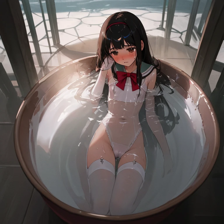 {{{{amazing quality, great quality, high quality, very aesthetic, aesthetic, best quality}}}},
realistic, photo, shadow, Three-dimensional, absurdres, Digital art,
{{{{Magical girl}}}}, beautiful girl, one girl,
black hair, long hair, straight hair, trimmed hair, shiny hair, blunt bangs, short sideburns,
brown eyes, tareme,
{{flat chest}}, {{small breasts}}, {{detailed body}}, slim thighs, thin thighs,
{{white leotard}, {leotard peek}}, {{pink sailor collar}}, {{pink elbow_gloves}}, {{red boots}},
ribbon trim, red bow tie, heart brooch, thigh strap, white headband, white circlet, white cloak,
{{both shoulders expose}},
{{magic circle}}, distress, resistance, defeat, sexual pleasure, troubled face,
orgasm, sensitive body, Sweat, trembling, 1girl, torn clothes, wet clothes, melted clothes, see through clothes, damaged clothes, takes a bath, immersed up to her shoulders in cloudy liquid,
covered in cloudy liquid,