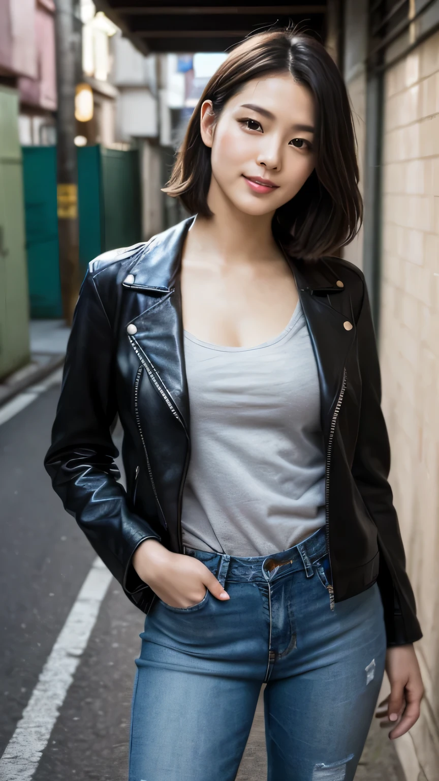 masterpiece, black hair, beautiful, elegant. Ultra-fine details, masterpieces, realistic textures, realistic cinematic lighting, perfect work, 8k, HD, delicate facial features, (Image from thighs to head), large breast, smile, (Japanese idol:1.2), Stylish leather jacket with distressed jeans, Edgy, Casual, Urban alleyway, Graffiti art,