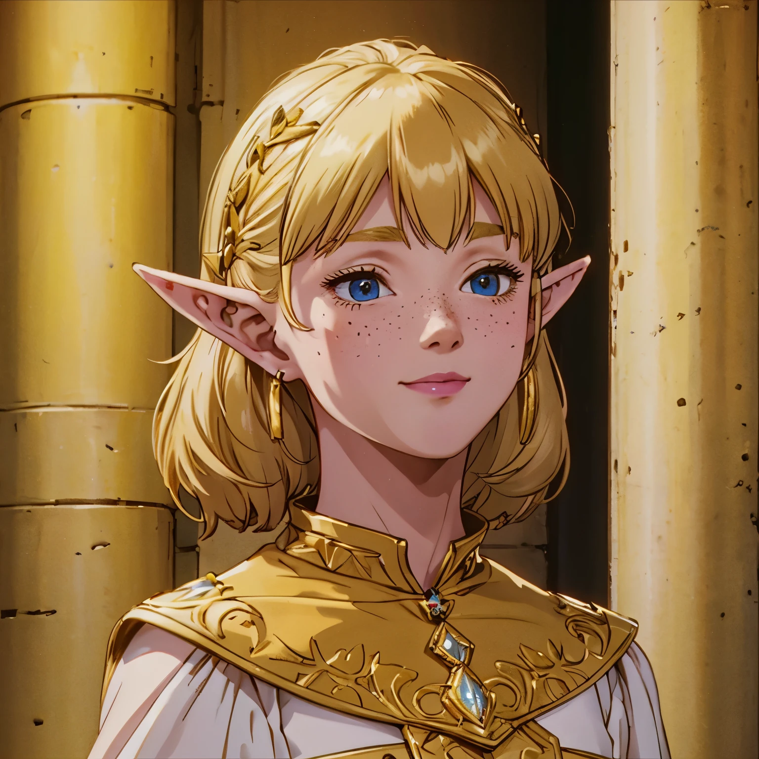 a beautiful blonde woman with elf ears and freckles, Dressed in a beautiful gold gala