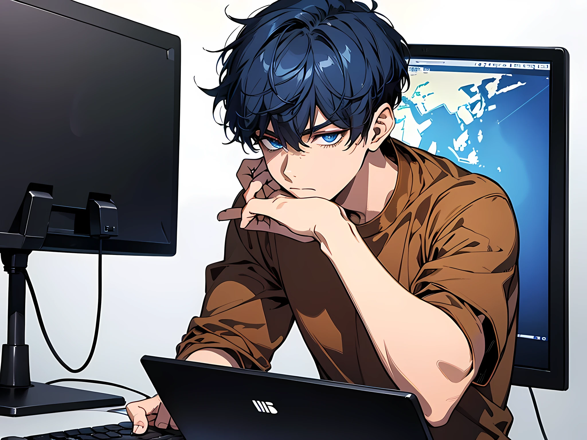 1 man, wearing brown tshirt, blue navy hair, short hair, playing game in front of his computer, face to detail, detailed eyes, the background is bedroom, pefect hands, full-body illustration