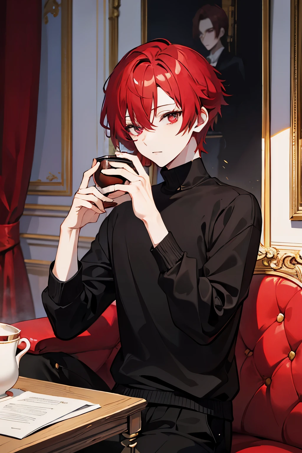 male　red hair　red eyes　short hair　one person　Drinking black tea　sweater　slacks　aristocratic mansion　plush furnishings　masterpiece　Highest image quality　noise removal　clear parts 　cinematic shadow　Increased attractiveness of the eyes　clear parts the shine of the eyes　Draw eyelashes neatly　perfect eyes　detailed eyes　Sharpen image quality　Sharpen eye writing　clear parts eye shape