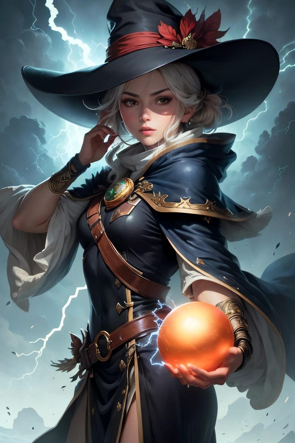 ((best quality)), ((masterpiece)), (detailed), perfect face, black mage  holding a glowing ball of lightning
