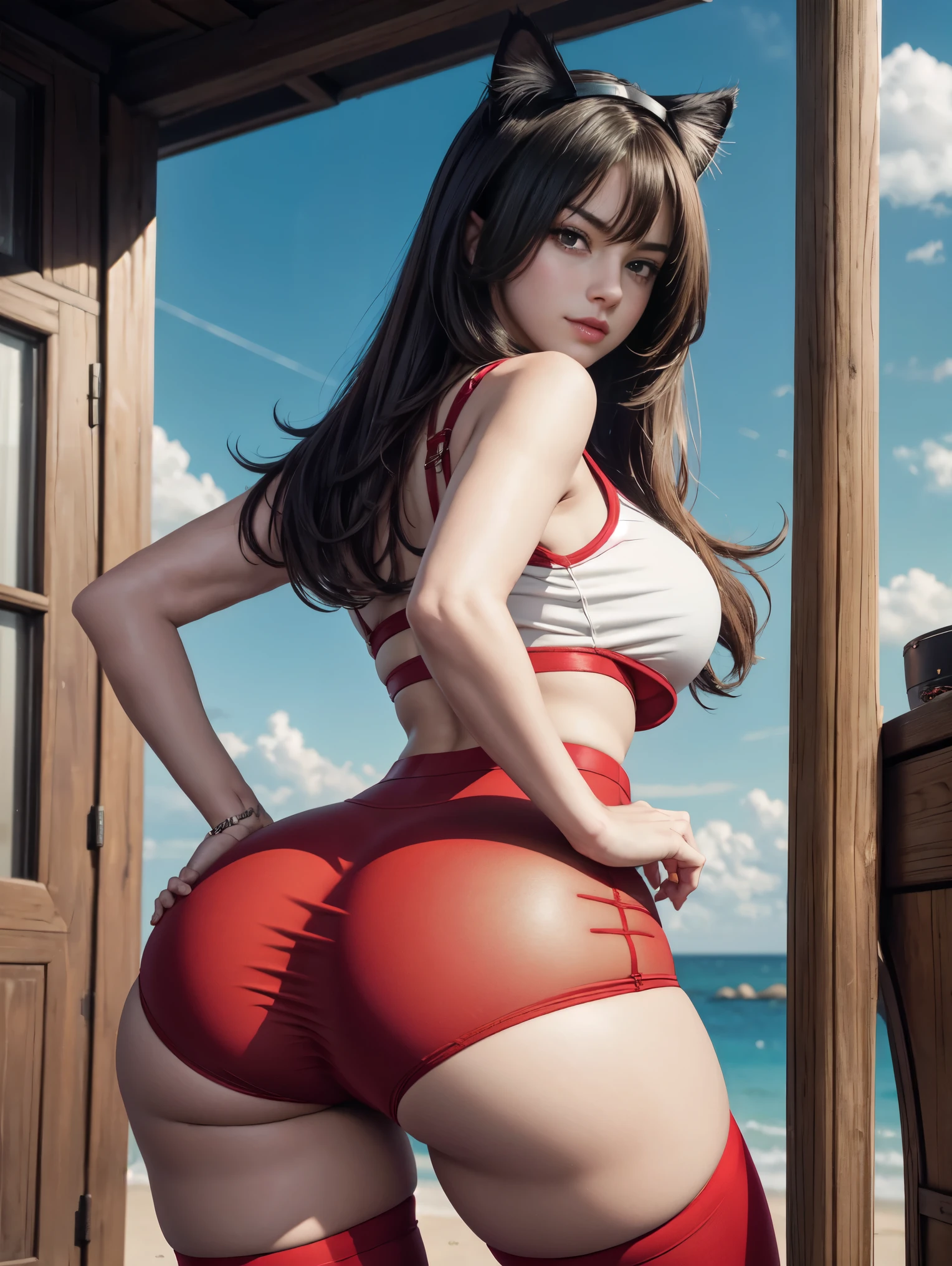 1girl((Anne Hathaway:Selena Gomez:0.7)) , milf, red tight crop top, red panty, hyper ass, huge ass, huge thighs, thick thighs, thick legs, smug look, wink, looking at viewer, hand on hip, cat ears, cat tail