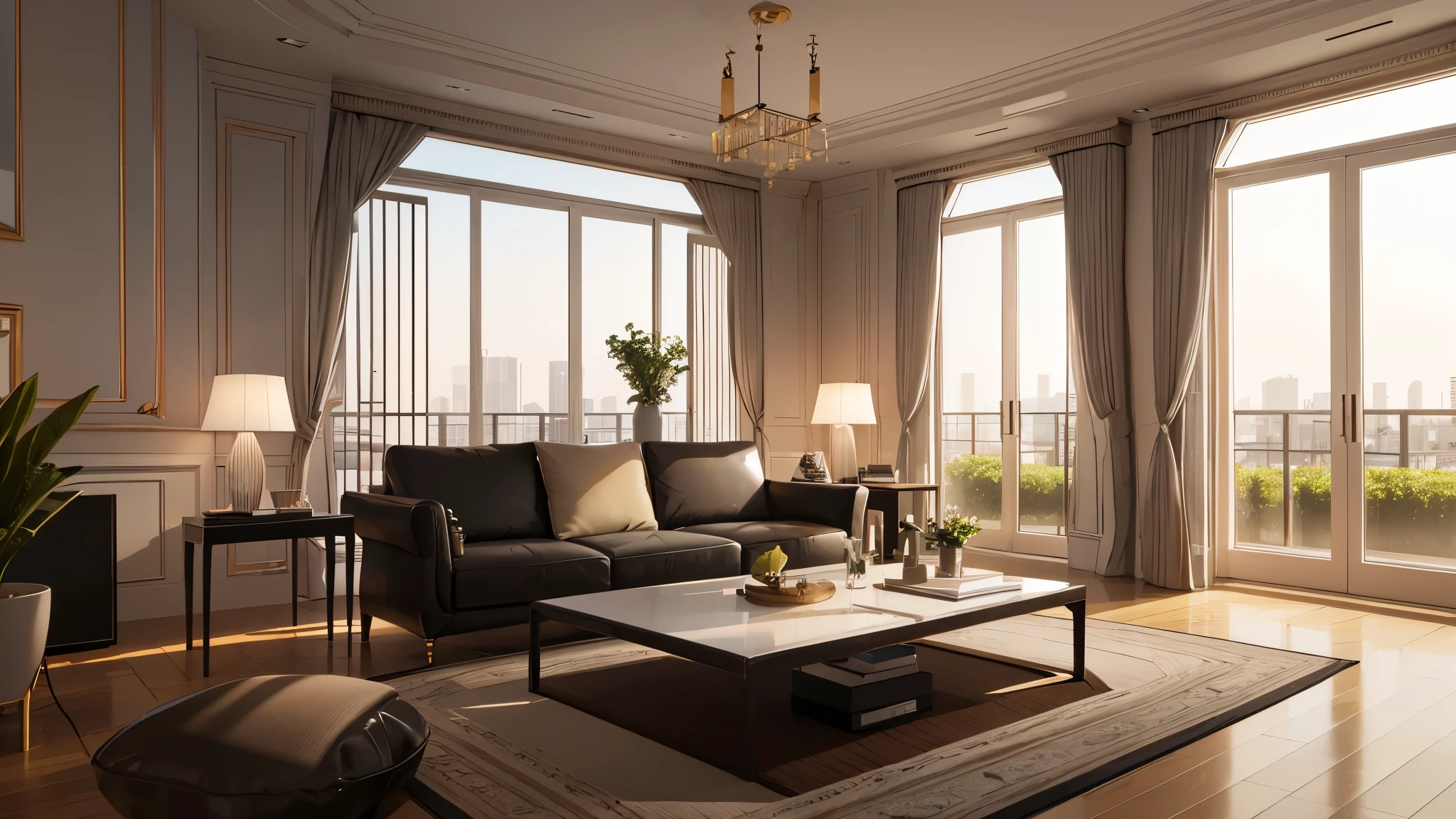 You are a famous interior designer、You have been asked to create a 3D image of a modern large room. Create a harmonious environment with modern and minimalist furniture. Including garden interior.