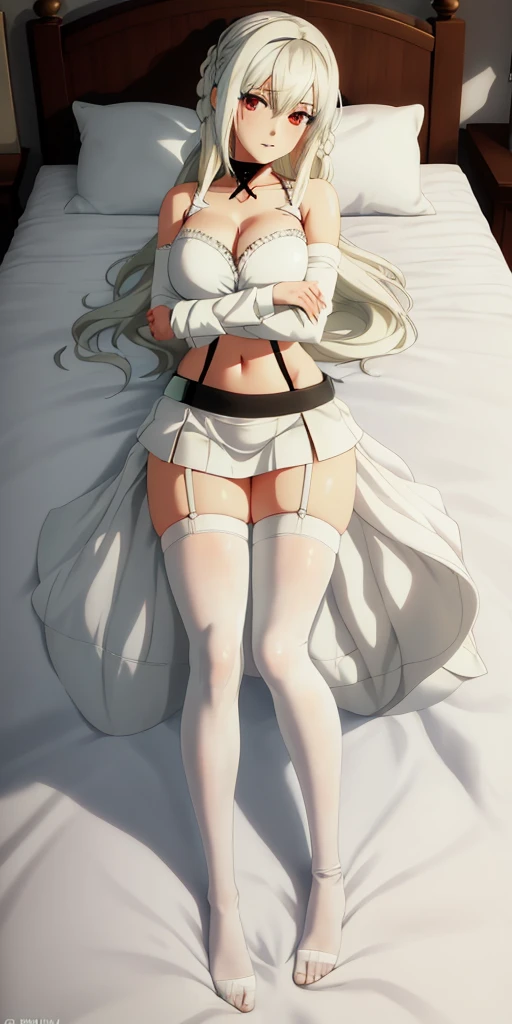 <lora:ZeroV2.5:0.9>, (masterpiece, best quality:1.3), 1 girl, solo, white hair,  very_long_hair, red eyes, white clothes,open chest, back,black bow on the head, black bandage under the chest,tied flower over eye, right hand,mechanical, detailed painting, spread legs, black pantyhose, from below,