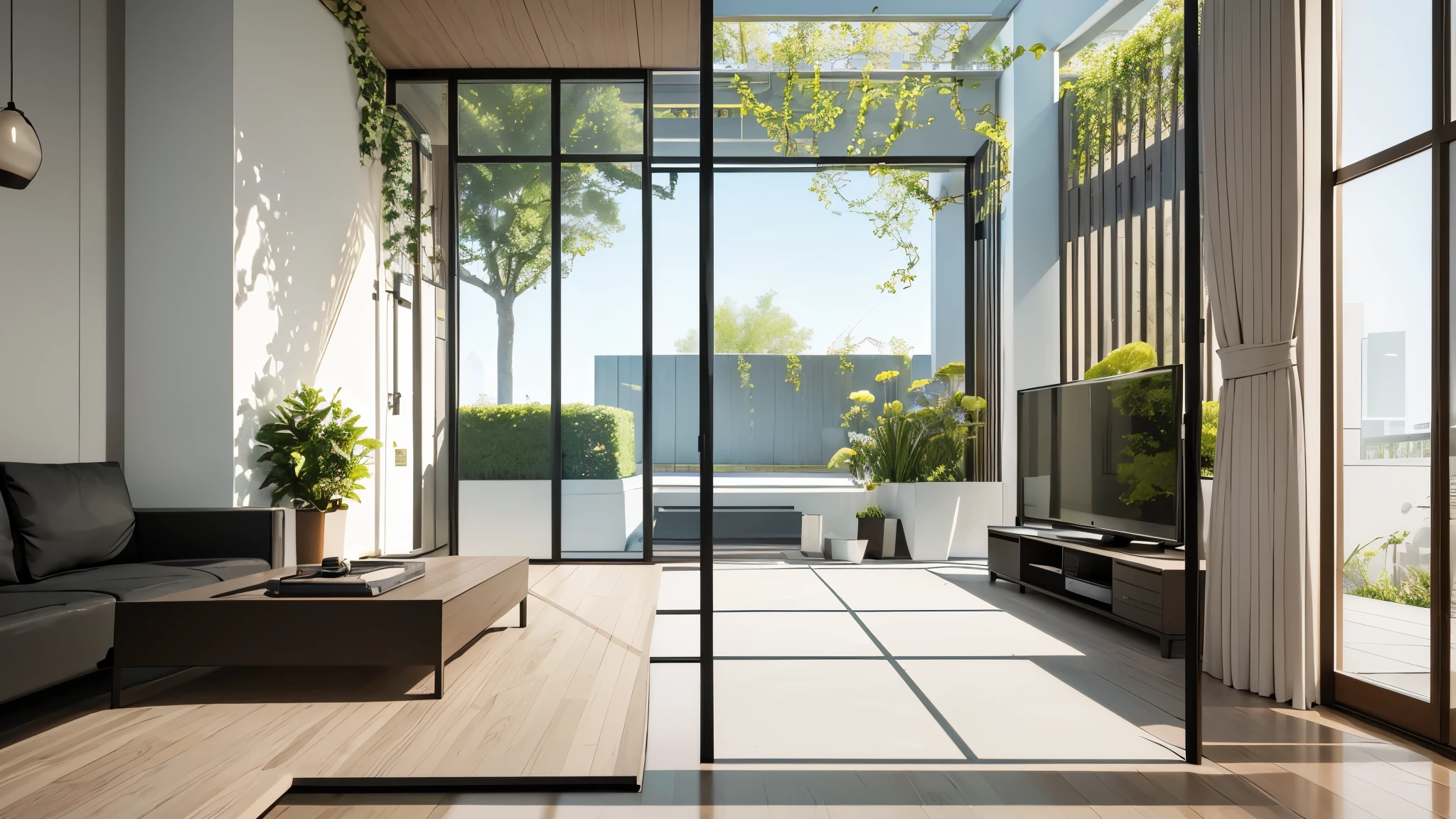 You are a famous interior designer、You have been asked to create a 3D image of a modern large room. Create a harmonious environment with modern and minimalist furniture. Including garden interior.
