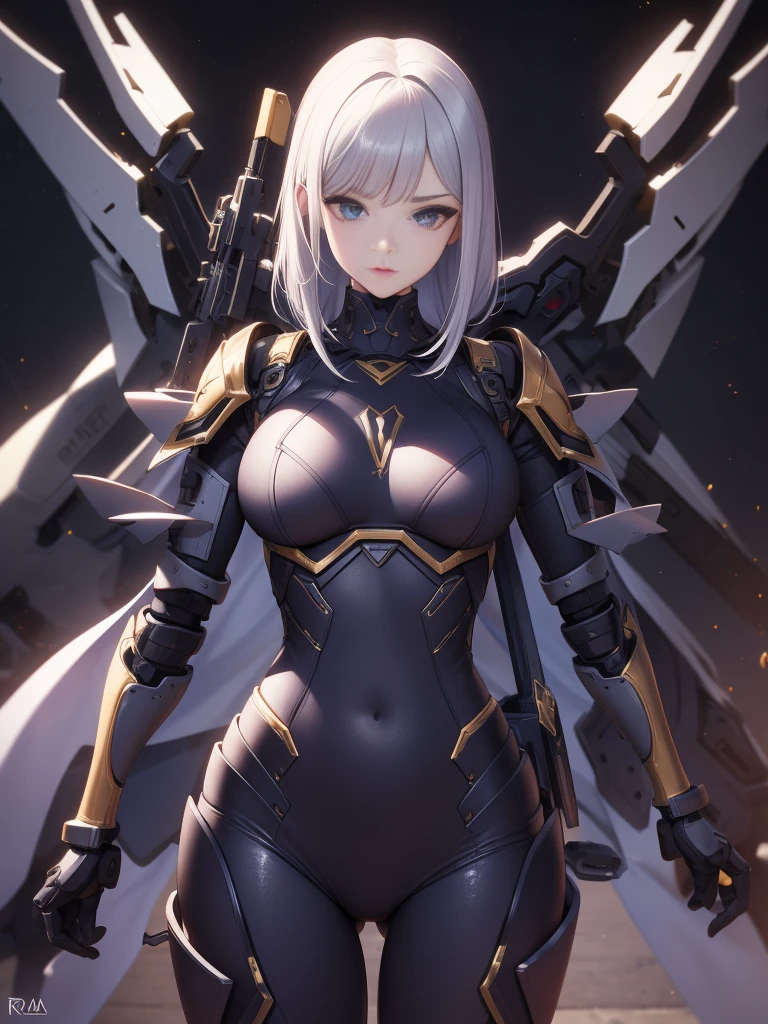 Exoskeleton mech,afofuturism,Gold and red theme style,offcial art,Unity 8k wallpaper,Hyper-detailing,Master masterpieces,,Best quality at best,A woman who is,(The is very detailed),(RAW photos,best qualtiy),(Realistis,realisticlying:1.3),High- sharpness,Open Your Mouth Lightly,Ultra detailed complex 3D rendering of the face,Mecha back,(highly detailedskin:1.2),),Beautiful Caucasian Woman,Soft breasts and fair skin ,Black color hair,eBlue eyes,long whitr hair,,dynamic angle,Mysterious expressions,fire glow effect,Fantasy background,edge lit,Side brightness,cinematric light,hyper HD,8K,filmgrain,Best shadow,light particules,detailed skin textures,Detailed jewel armor texture,detailed face with,with intricate detail,ultra - detailed,brightly,sturdy,Silver armor,,Slender abs, have glowing weapons,Mecha shield,pole,(Beautiful huge mech crown with details)),shinning eyes,long cape,fanciful,,,,,(Realistis),