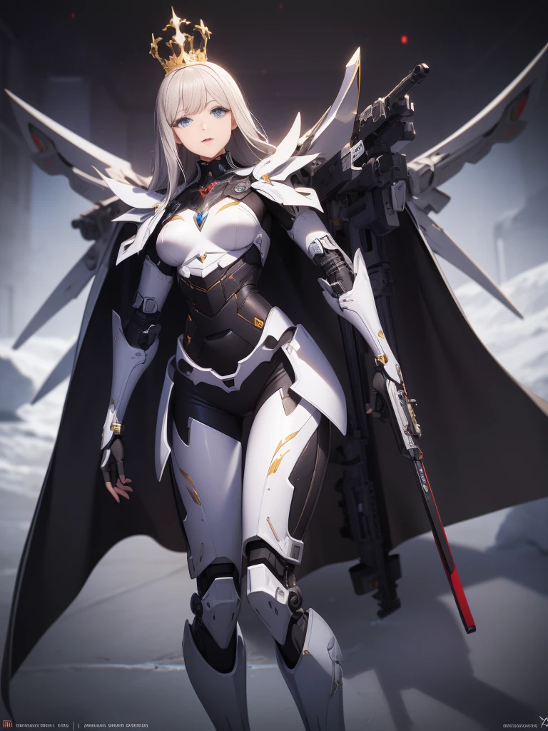 Exoskeleton mech，afofuturism，Gold and red theme style，offcial art，Unity 8k wallpaper，Hyper-detailing，Master masterpieces，，Best quality at best，A woman who is，（The is very detailed），（RAW photos，best qualtiy），（Realistis，realisticlying：1.3），High- sharpness，Open Your Mouth Lightly，Ultra detailed complex 3D rendering of the face，Mecha back，（highly detailedskin：1.2），），Beautiful Caucasian Woman，Soft breasts and fair skin ，Black color hair，eBlue eyes，long whitr hair，，dynamic angle，Mysterious expressions，fire glow effect，Fantasy background，edge lit，Side brightness，cinematric light，hyper HD，8K，filmgrain，Best shadow，light particules，detailed skin textures，Detailed jewel armor texture，detailed face with，with intricate detail，ultra - detailed，brightly，sturdy，Silver armor，，Slender abs， have glowing weapons，Mecha shield，pole，（Beautiful huge mech crown with details）），shinning eyes，long cape，fanciful,,,,,（Realistis），