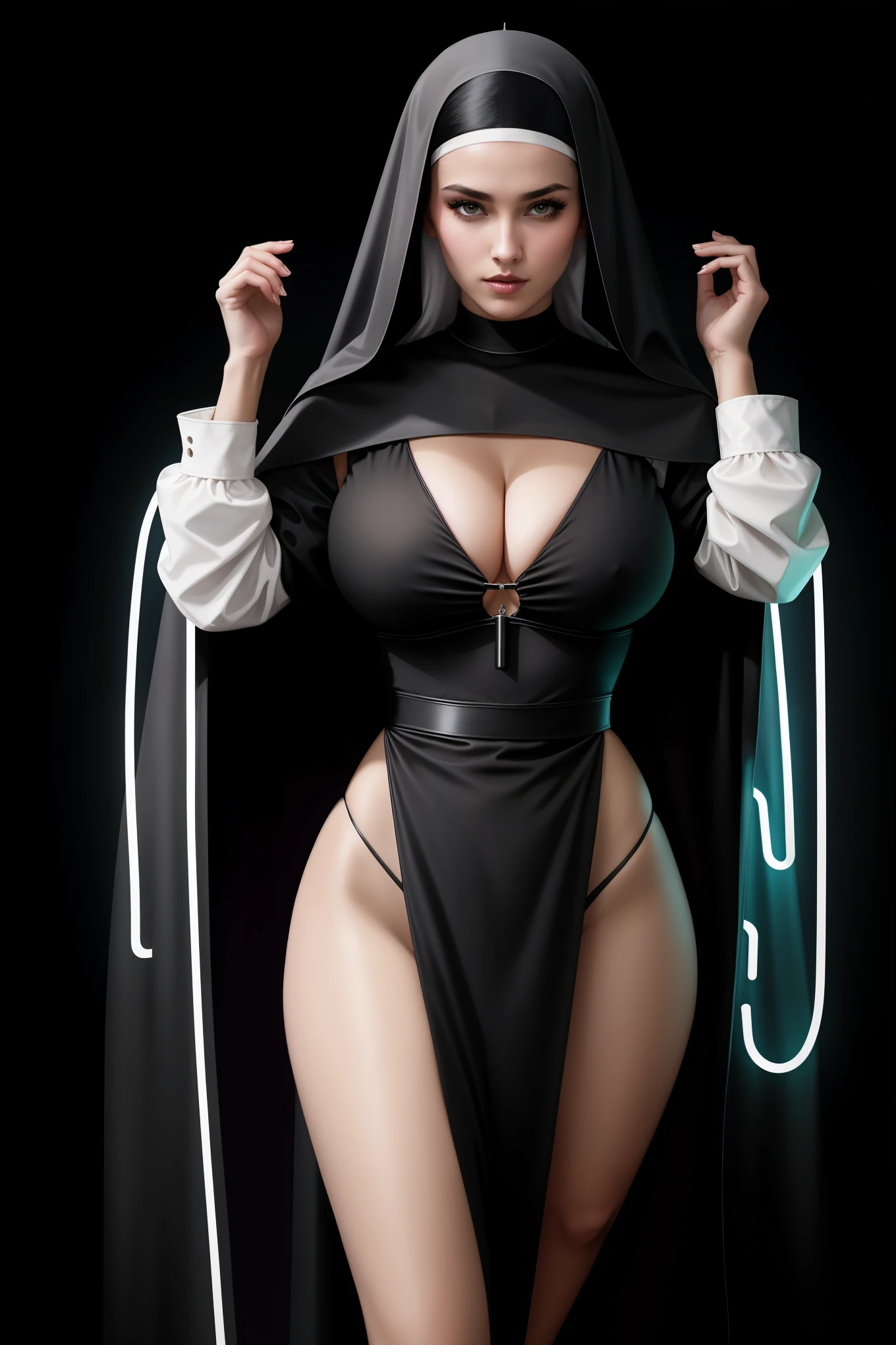 there is a nun standing, covered hair, wearing a robe, 3 d neon art of a womans body, neon-noir background, cyberpunk femme fatale, seductive cyberpunk dark fantasy, cyberpunk strip clubs, cyberpunk 20 y. o model girl, oppai cyberpunk, banner, high definition cgsociety, cgsociety masterpiece, trending on cgstation, kda, random hair, looking at camera, gigantic breasts, cleavage, (high detailed skin:1.2), 8k uhd, dslr, super lighting, high quality, film grain, high res, highly detailed, hyper realistic, beautiful face, beautiful body, beautiful eyes nose lips, alluring expression, very bold, upper  visible, full body photo, standing legs apart, pale translucent glowing skin, most beautiful face, cute, (well defined pubic hair:1.2)), (dark plain black background:1.4))