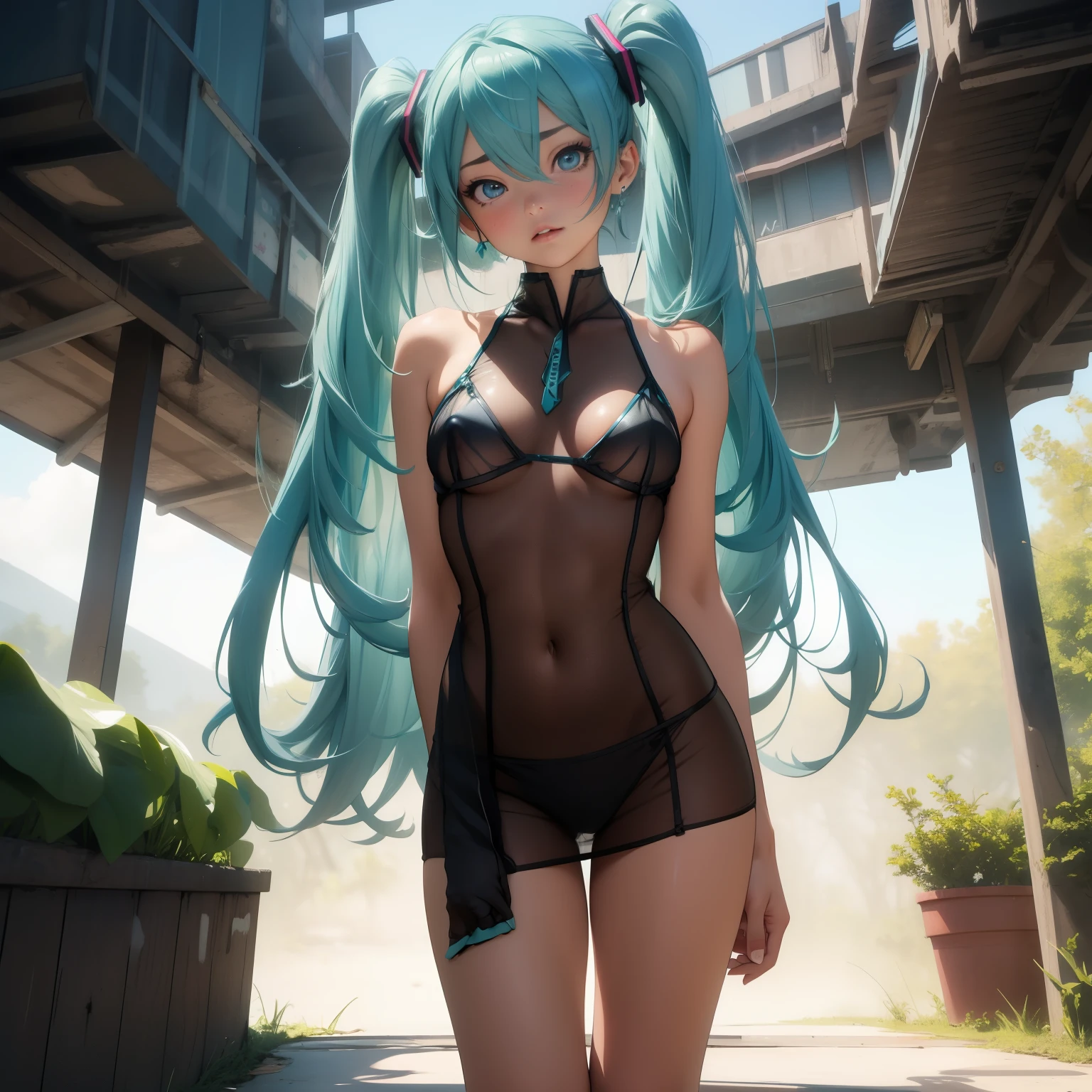 (quality)), ((masterpiece)), Recommended resultsluffly、(see through:1.5)、whole body 、Swollen nipples，straighten your back、huge bust、angle to floor:1.2、low camera angle、Hair loss on crotch、Whole body facing the camera，Hair can be seen on the crotch，Hatsune Miku，Gundam