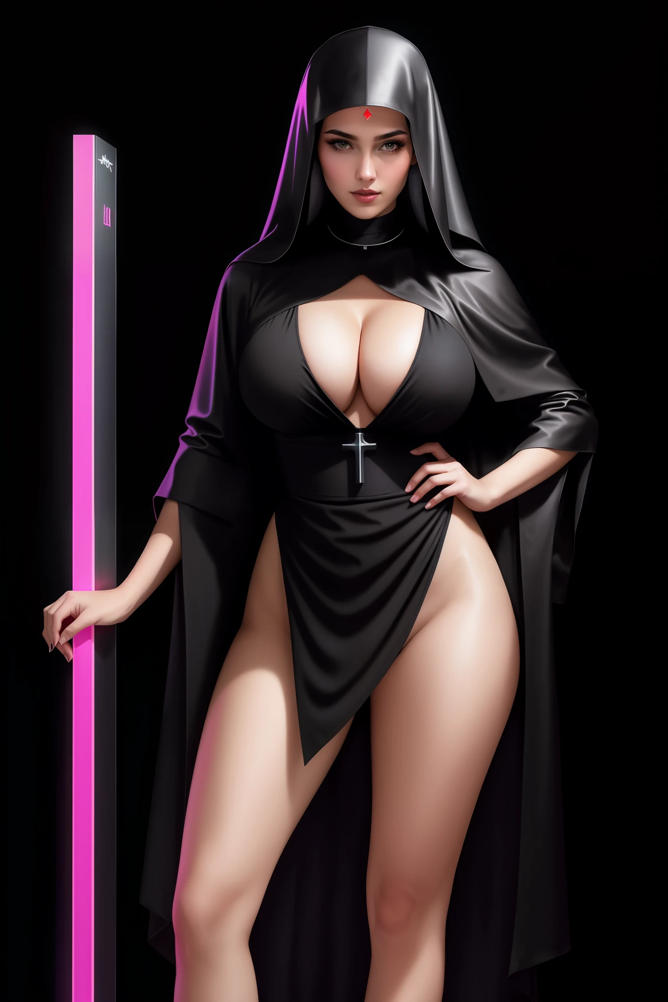 there is a nun standing, covered hair, wearing a robe, 3 d neon art of a womans body, neon-noir background, cyberpunk femme fatale, seductive cyberpunk dark fantasy, cyberpunk strip clubs, cyberpunk 20 y. o model girl, oppai cyberpunk, banner, high definition cgsociety, cgsociety masterpiece, trending on cgstation, kda, random hair, looking at camera, gigantic breasts, cleavage, (high detailed skin:1.2), 8k uhd, dslr, super lighting, high quality, film grain, high res, highly detailed, hyper realistic, beautiful face, beautiful body, beautiful eyes nose lips, alluring expression, very bold, upper  visible, full body photo, standing legs apart, pale translucent glowing skin, most beautiful face, cute, (well defined pubic hair:1.2)), (dark plain black background:1.4))