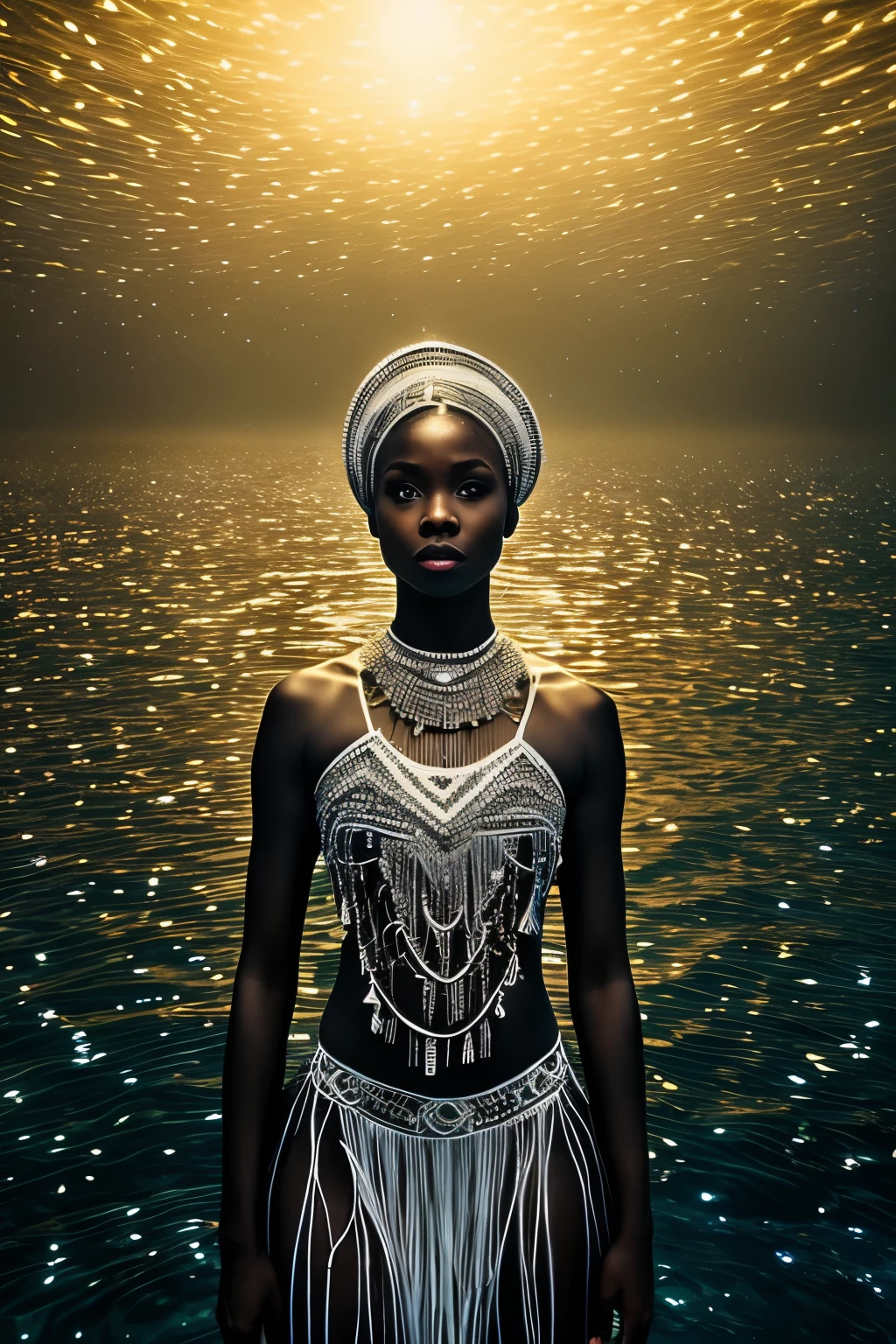A captivating image of a black melanin woman, elegantly dressed in traditional African attire against the backdrop of an empty watery expanse. The scene is bathed in the ethereal glow of a solitary white neon ball, suspended in the night, casting striking grey and white contrasts. This cinematic tableau, reminiscent of artgerm's visionary style, is rendered in magnificent detail using Unreal Engine at an ultra-HD 32k resolution, delivering a hyper-realistic and visually striking masterpiece.