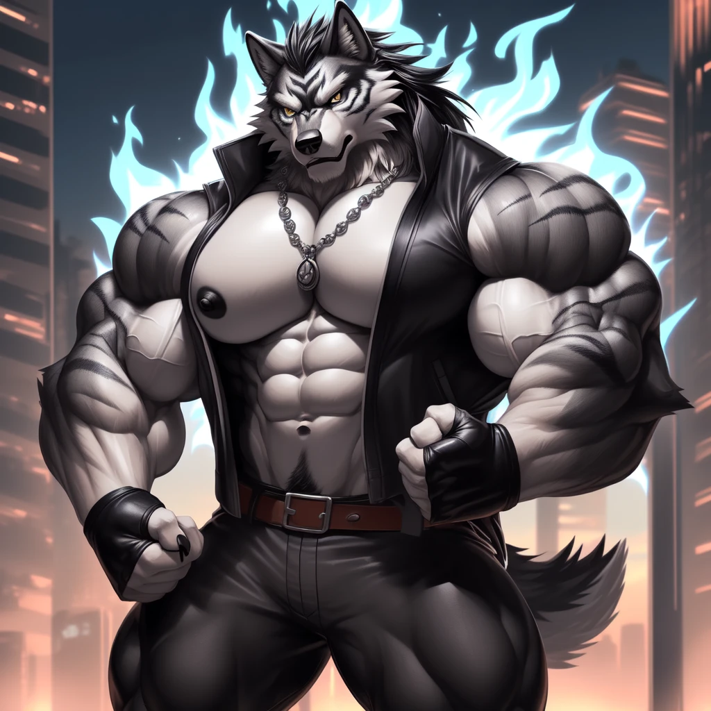 (upload on e621), (Masterpiece), (best quality), (ultra high res), 4K, (8k HD), 2D, (perfect anatomy), (digital art), (official art), (extreme detailed), (ultra detailed), (strapsanime), color, (soft shading), (sharp focus), (((excessive silver fire aura both fists)), (((tokyo city background))), 1man, dark black body fur, (((dark black muscular arms))), silver pecs and belly, detailed fluffy fur, (ultra detailed face), detailed eyes, detailed iris eyes, detailed yellow eyes, white sclera, black pupils, (((big navel))), (((abs))), (((pectoral))), (((martial art style))), (((black claw nails))), furry wolf male, mature male, (((full body))), (((dark black giant bulky muscular body fur))), canid, (((huge black nipples))), (huge muscles), (((hyper muscles))), (((huge pecs))), (((oversize pecs))), (((giant biceps))), canine, canis, mammal, dark black fury wolf, (((powerful wolf god))), wolf male, intense face, serious expression, (((badass))), wolf anthro, solo, standing, (((wearing full complete sleeveless black and silver long trench coat jacket))), (((black and silver full complete sleeveless long trench coat jacket))), (((dark black longest hair))), (((dark black longest back hair))), (((dark black longest hair front lay on pecs))), (((perfect fingers))), (((five fingers))), (((dark black hands and fingers))), (((wearing fingerless black and grey gloves))), (((black and grey fingerless gloves))), (((black armband on biceps))), (((three black armbands on forearms)), (((large longer black prayer beads necklaces on pecs))), (((silver fire effect on his prayer beads necklaces))), (((dark black and silver underside long wolf tail))), (((black long pants with silver stripes with belt straps on both legs))), (((excessive silver fire aura flow entire body)))
