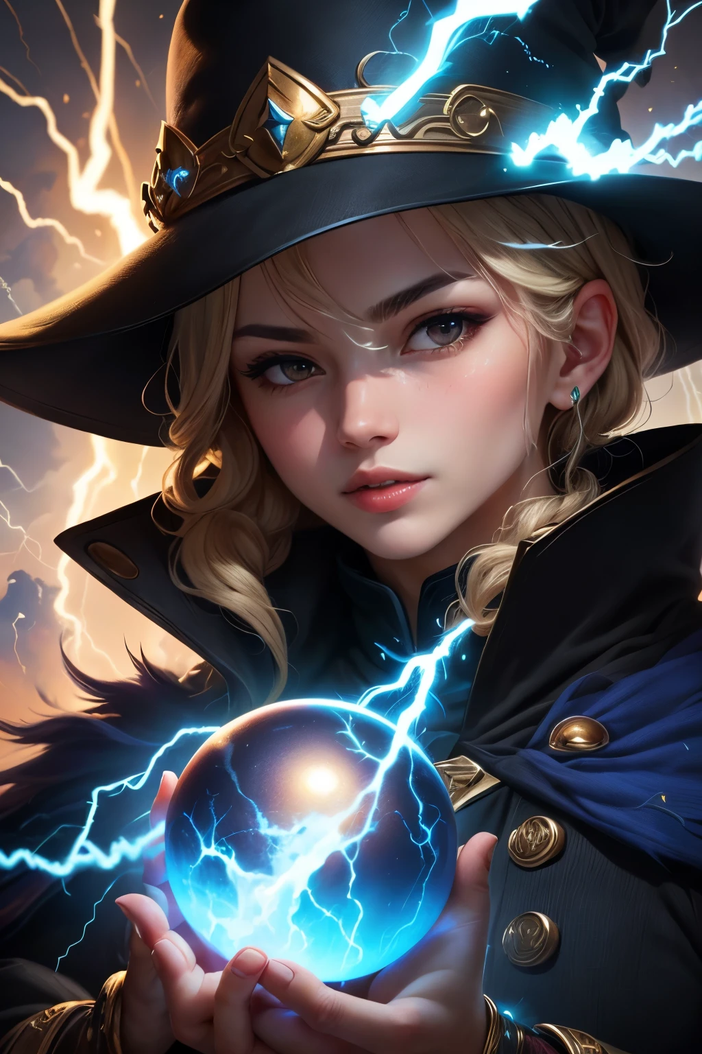 ((best quality)), ((masterpiece)), (detailed), perfect face, black mage  holding a glowing ball of lightning
