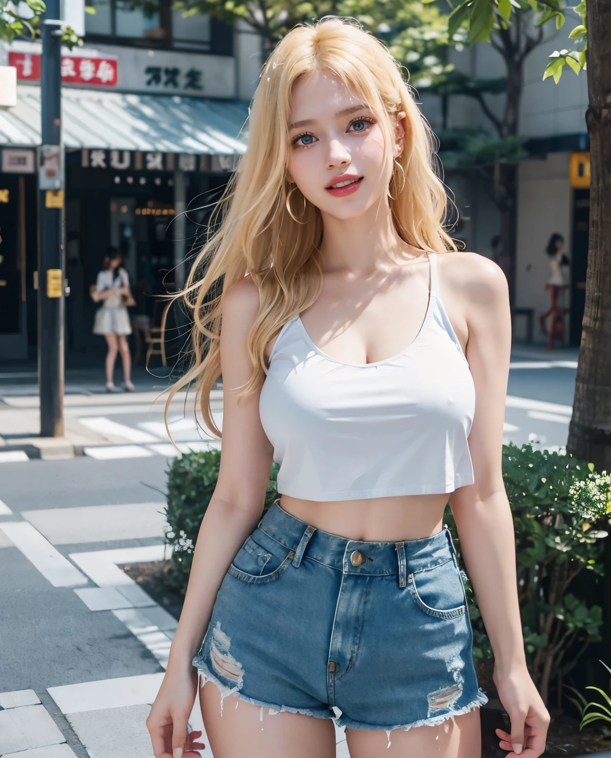 1girl, Blue eyes, (laughing), shiny makeup, denim shorts, (Sana Minatozaki), wide hips, Big , big ass, (Best Quality, 8k, Masterpiece: 1.3), perfect hands, Clear Focus: 1.2, Perfect Body Beauty: 1.4, Highly detailed face and skin texture, detailed eyes, double eyelids, red lips, (blonde long hair :1.2), white cleavage t-shirt, (standing showing legs :1.2), in an open-air cafe in Tokyo, sunny day