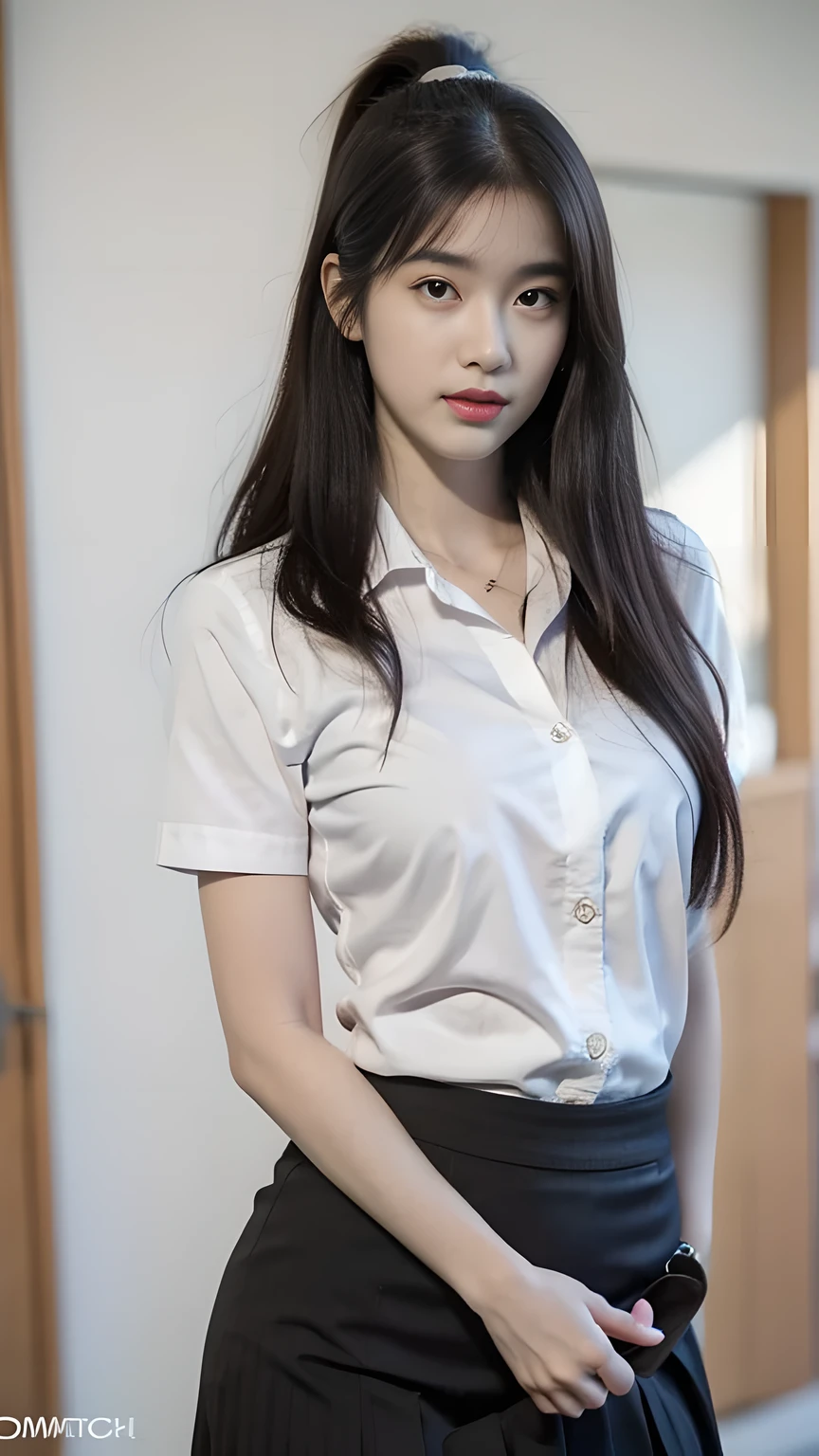 best quality, natural lighting, masterpiece, 1 girl, perfect beautiful face, (photo photo:1.3), edge lighting, photography lighting, (high detail skin:1.2), 8k ultra hd, DSLR, high quality, high resolution, white skin, detailed textured skin, 3/4 body in frame, sexy posing, poker face, perfect propotion face, symetric face, eye level shot, 4k, 8k, bokeh, absurd, best ratio four fingers and one thumb, (realistic:1.3), beautiful detailed girl, cute 1girl, dark-brown hair, ponytail, long hair, bangs, volume hairs, collosal-breast, full looking breast, projecting breast, slim waist, slender, small thighs, perfectly proportion, university background, detailed background, mahalaiuniform, white shirt short sleeves, black pencil skirt, black pleated skirt