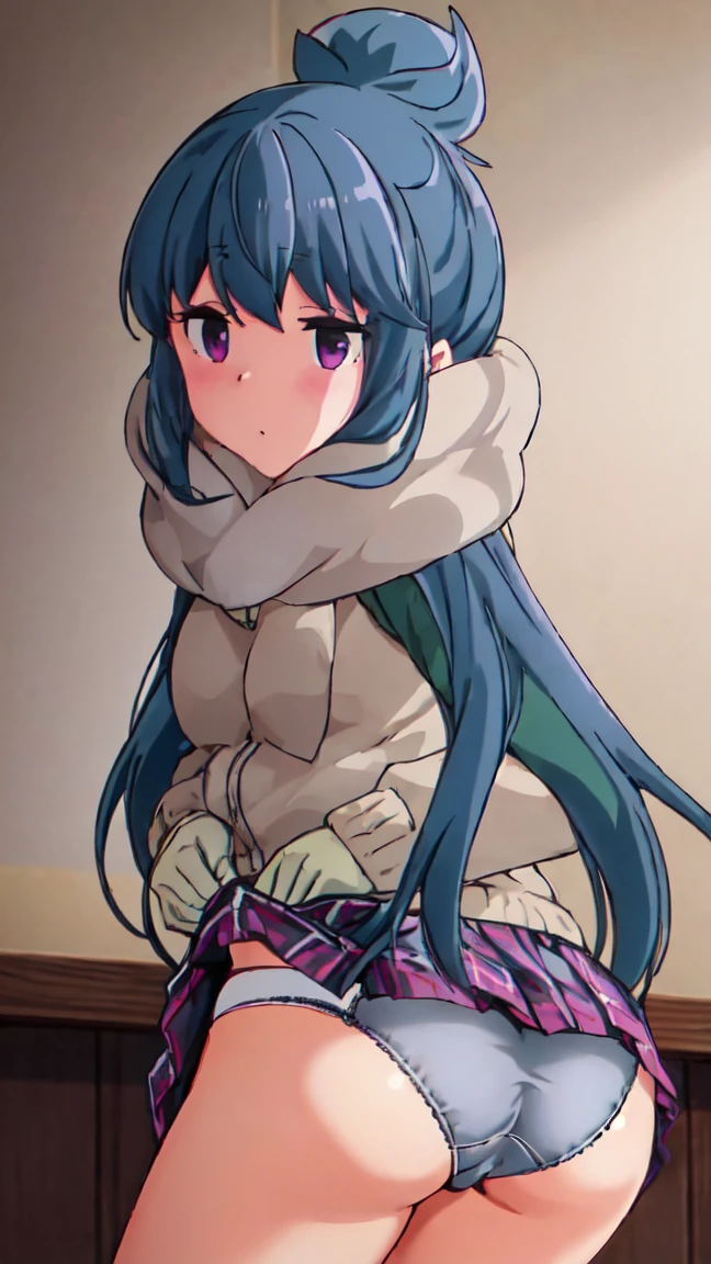 highest quality, masterpiece, High resolution, alone, {Shima_Also_yuru camp:1.15},( green_hair), purple_eye, closed_mouth, single_hair_good, hair_good, 1 girl, 前hair, blurry, blurry_background, (Motosu High School Girls Uniform Winter Clothes:1.3、Grey plaid skirt)、(lift up skirt、cute panties)、crawl on all fours、(think back,from behind),leaning forward,from below