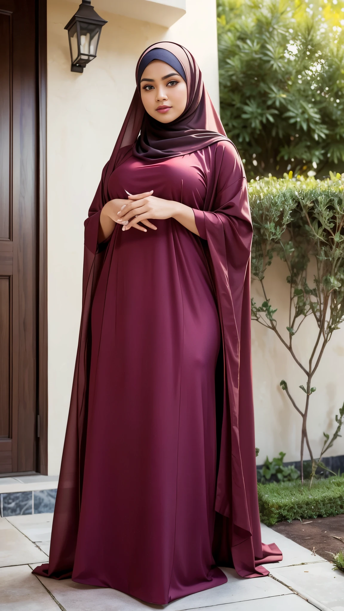 RAW, Best quality, high resolution, masterpiece: 1.3), realistic,beautiful Malay woman in hijab, Masterpiece, perfect fit body, big breasts, big eyes, beautiful face, Soft smile, thick thighs, Muslim woman in long dress standing in front of a house traditional small, very beautiful and graceful, color maroon, fully covered dress, modest, exquisite masterpiece, great lighting, bright colors, clean lines