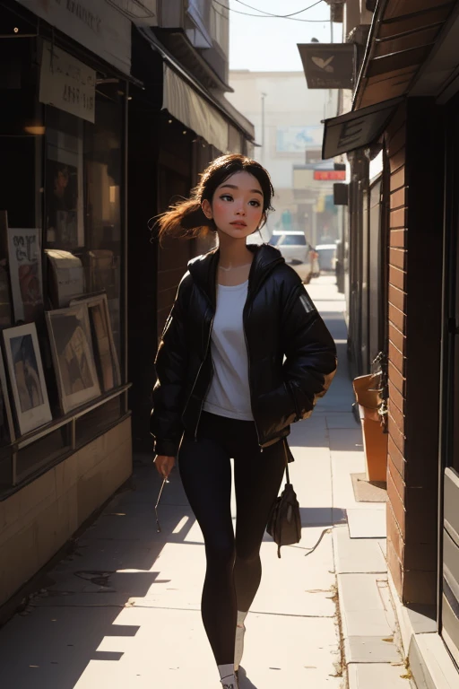 After finishing my winter trip, I put on my backpack and walk forward with a happy heart.,vivid colors, soft focus, Light leakage, dreamlike atmosphere, experimental charm, Retro appeal BREAK color field painting, A variety of colors, abstract expressionism, bold hues, emotional impact, atmospheric depth, Minimalist approach BREAK, beautiful woman, UHD (ultra detail) Observation of viewers wearing hip-hop style street black padded clothes, another, colored, long brown hair tied together, Cheveux très coloreds 🌈, dark clothes, White stardust in dark areas, absurd, high resolution, very detailed, (1 woman : 1.1), vivid colors, soft focus, Light leakage, dreamlike atmosphere,