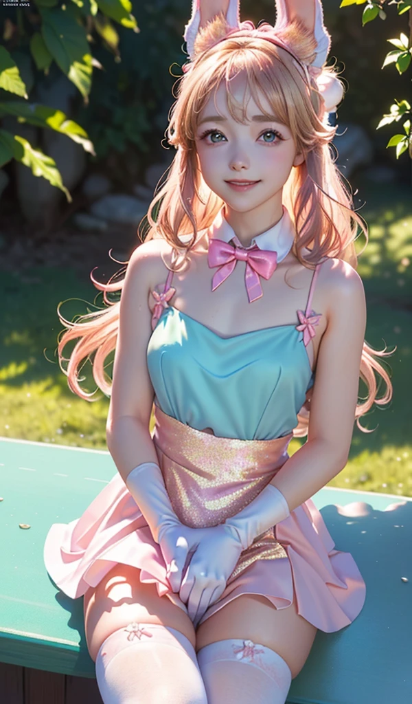 
masterpiece, best quality, extremely detailed CG unity 8k wallpaper, ,, ,(Upper Body head close-up shot of a beautiful  girl), Wendy, Long straight blonde hair,((Mckenna Grace)), (((flat chest))),((pink-Cyan))golden ((Glittering Maid Dress,Bunny Ear Headgear ,glove,Bow-tie,zettai ryouiki))， (()),(),(()),,(()) ,(((sitting))), (Blush), oil skin ,()，, () (()),,(seductive smile)，,,, ,, (Wonderland),,(),,pretty fac, key art, award winning, intricate detail realism hdr, by (ruan jia and artgerm and range murata), Photorealism, Hyperrealism, ultra realistic, dramatic light, intense shadows, gorgeous view,depth of field