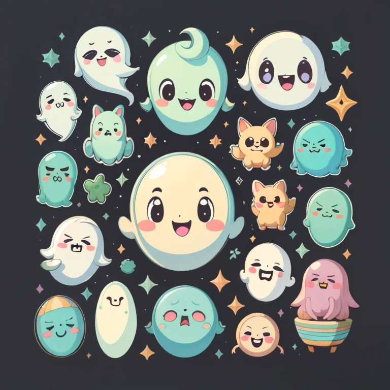 "(best quality,highres),1 sticker,handbook,black background,simple background, minimal,cute,small,pastel colors,vector style,no gradients,(cute ghosts), (crying face, smiling face, angry face, puzzled face, various facial expressions)"
