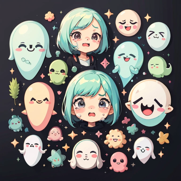 "(best quality,highres),1 sticker,handbook,black background,simple background, minimal,cute,small,pastel colors,vector style,no gradients,(cute ghosts), (crying face, smiling face, angry face, puzzled face, various facial expressions)"