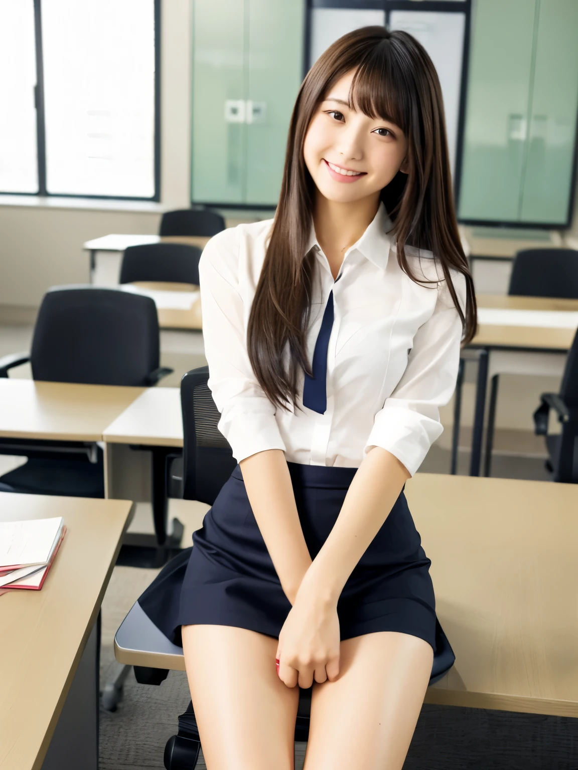 (Japanese cute girl), in a secretary room, sexy 18 yo girl, (full body), (cutest face), thin breasts, straight hair, skirt, (((legs))), white blouse, clear depiction, standing in a secretary room, I'm looking down at her from above, (stylish legs), (beautiful legs), smiling, 