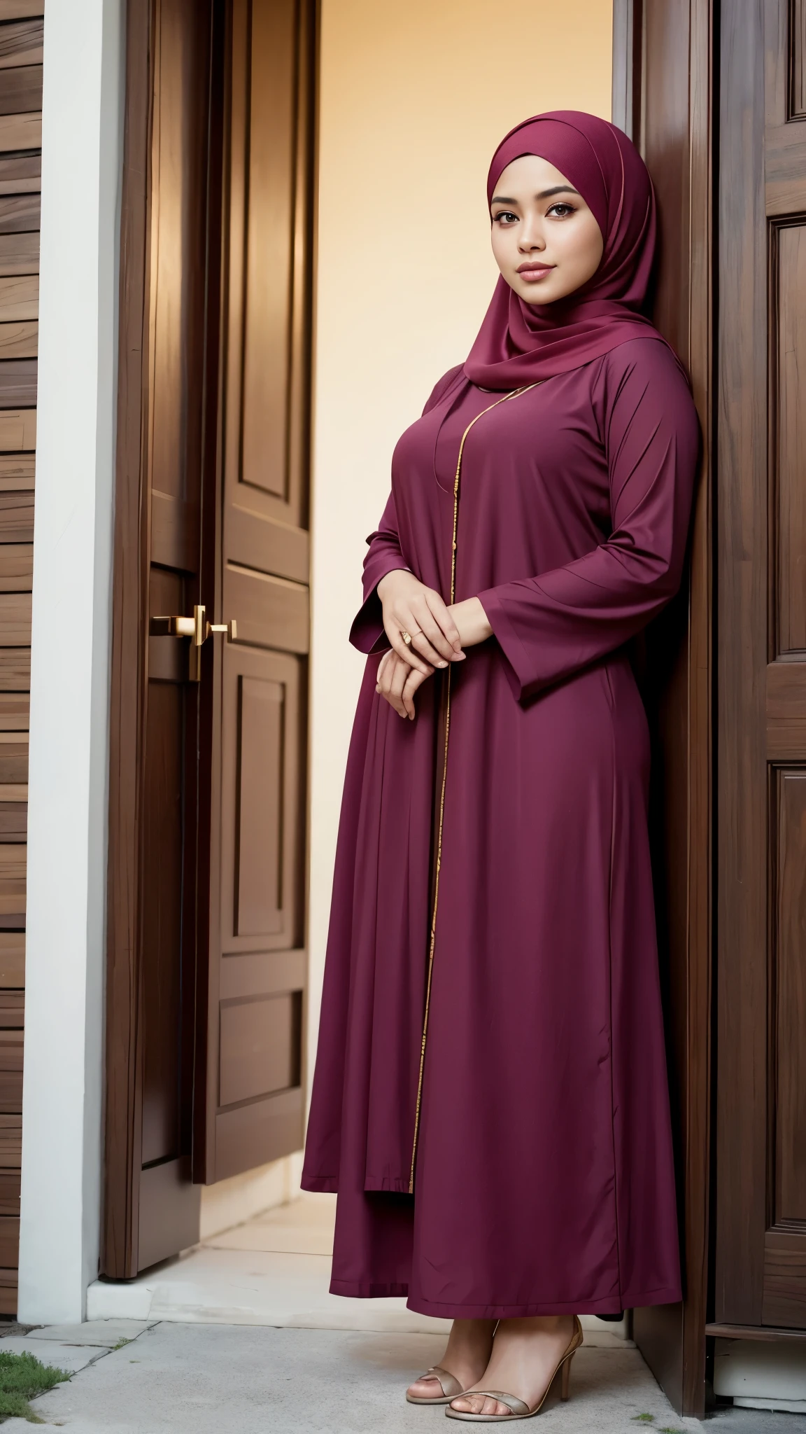 RAW, Best quality, high resolution, masterpiece: 1.3), realistic,beautiful Malay woman in hijab, Masterpiece, perfect fit body, big breasts, big eyes, beautiful face, Soft smile, thick thighs, Muslim woman in long dress standing in front of a house traditional small, very beautiful and graceful, color maroon, fully covered dress, modest, exquisite masterpiece, great lighting, bright colors, clean lines