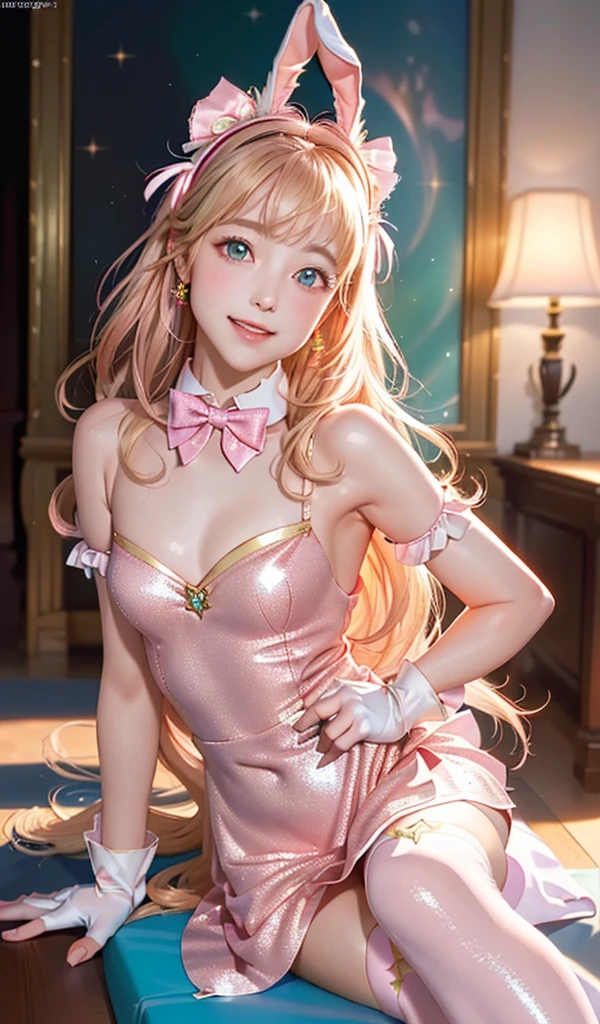 
masterpiece, best quality, extremely detailed CG unity 8k wallpaper, ,, ,(Upper Body head close-up shot of a beautiful little girl), Wendy, Long straight blonde hair,((Mckenna Grace)), (((flat chest))),((pink-Cyan))golden ((Glittering Maid Dress,Bunny Ear Headgear ,glove,Bow-tie,zettai ryouiki))， (()),(),(()),,(()) ,(((sitting))), (Blush), oil skin ,()，, () (()),,(seductive smile)，,,, ,, (Wonderland),,(),,pretty fac, key art, award winning, intricate detail realism hdr, by (ruan jia and artgerm and range murata), Photorealism, Hyperrealism, ultra realistic, dramatic light, intense shadows, gorgeous view,depth of field