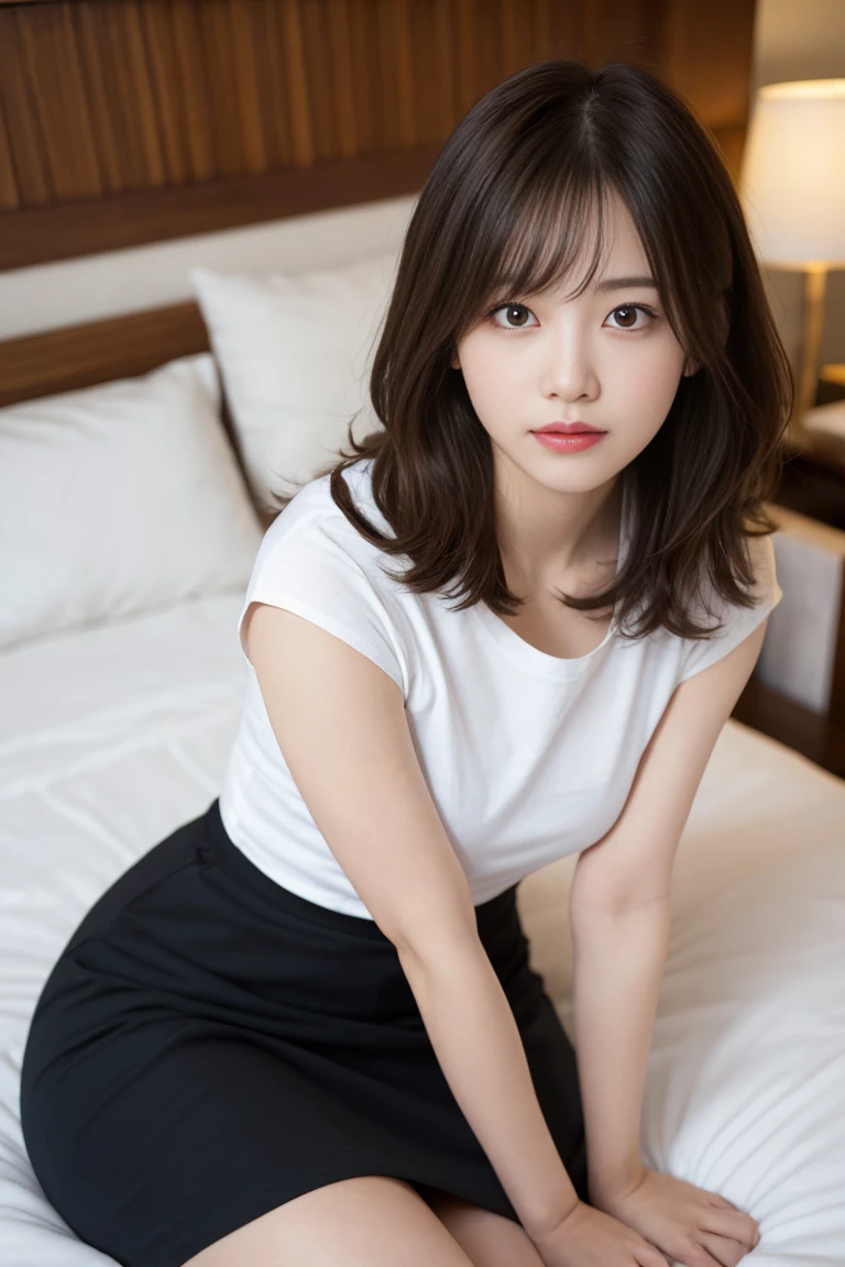 1gir, (8K、highest quality、highest quality、masterpiece、ultra high resolution(Reality:1.4),beautiful woman with perfect figure:1.4、big ,carefully crafted face, (carefully made hands)、skin texture),Full body Esbian、sexy pose、Gravure idol、late 20s、(tight white t-shirt)、(Black short tight skirt)、Bed Scene、